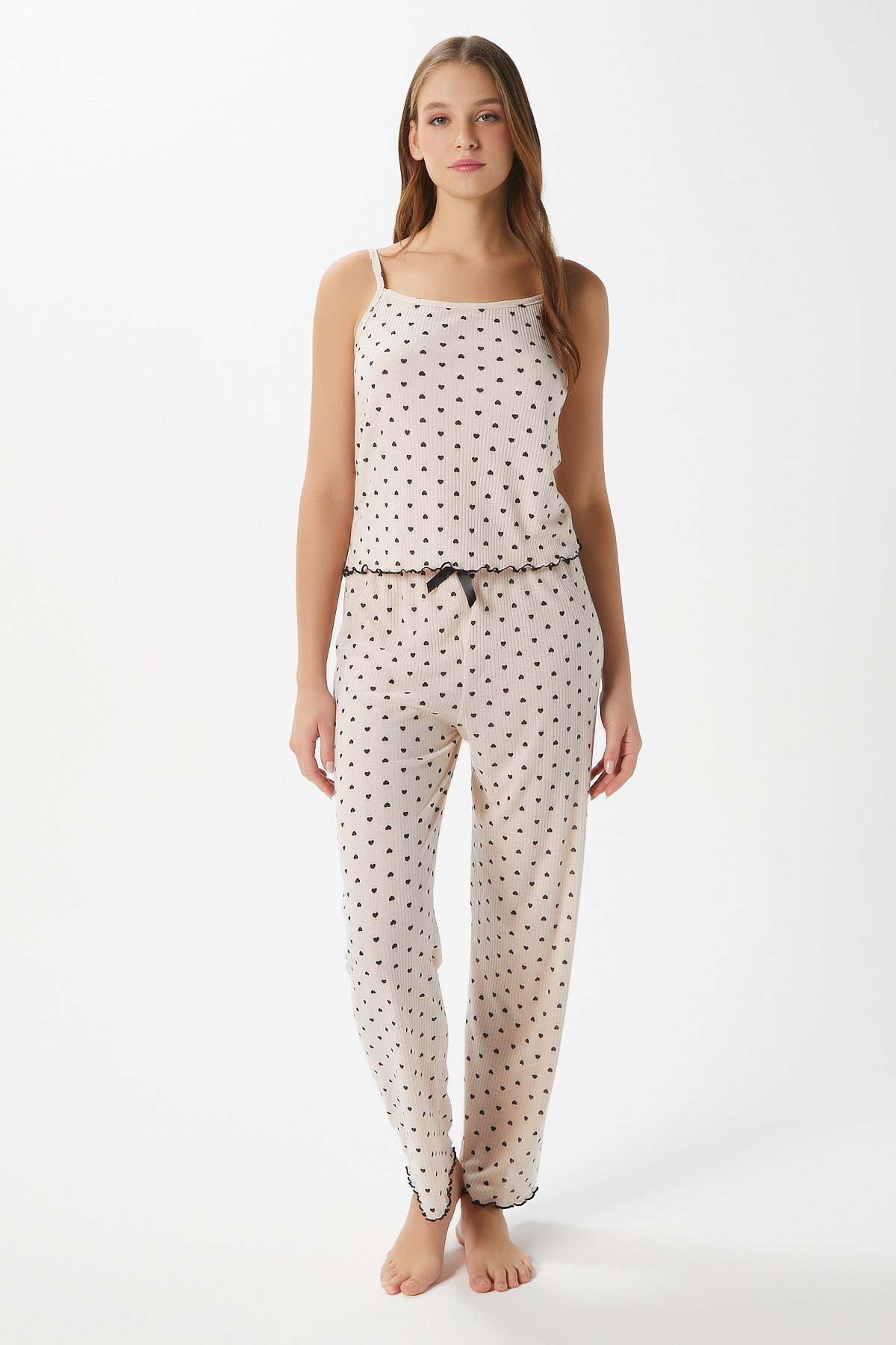 Kadın June Askılı Kalp Desen Pudra Alt Üst Pijama Takımı
