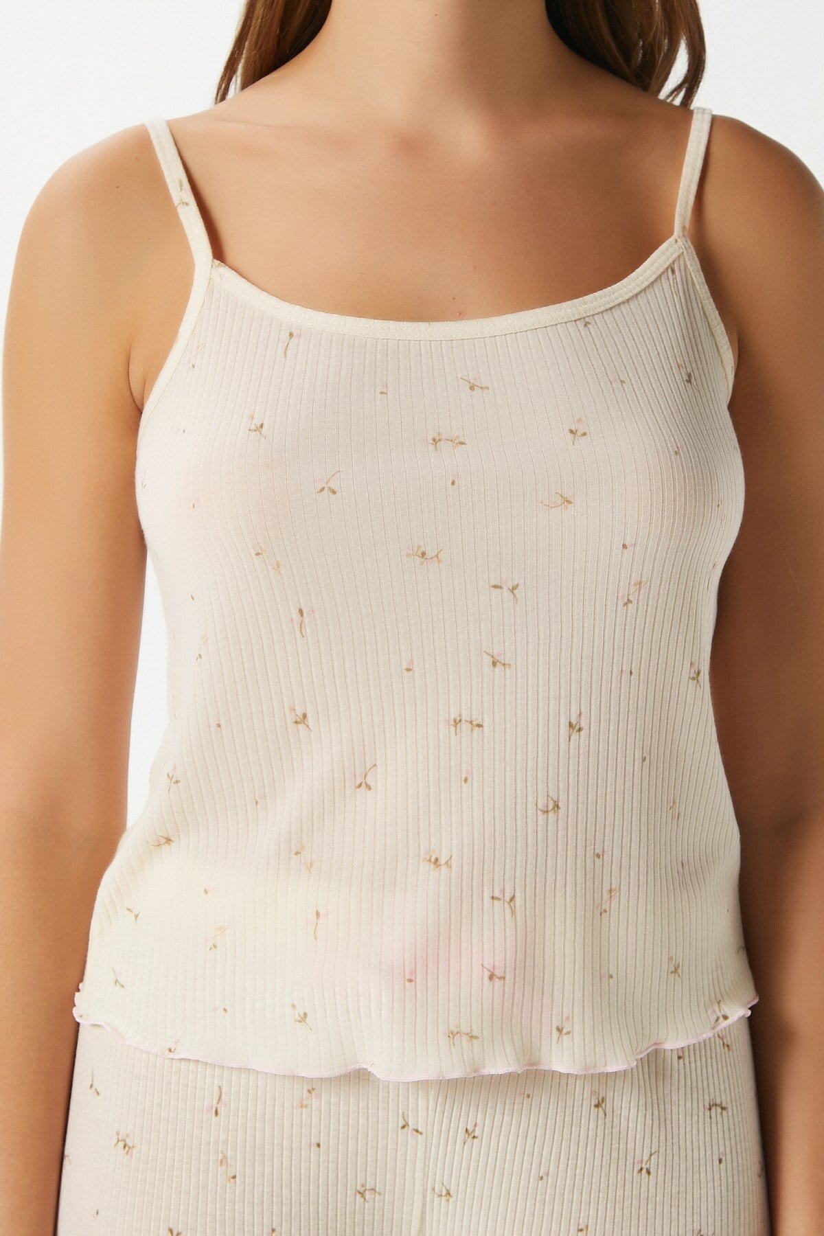 Kadın June Askılı Tereyağ Sarısı Minik Çiçekli Alt Üst Pijama Takımı