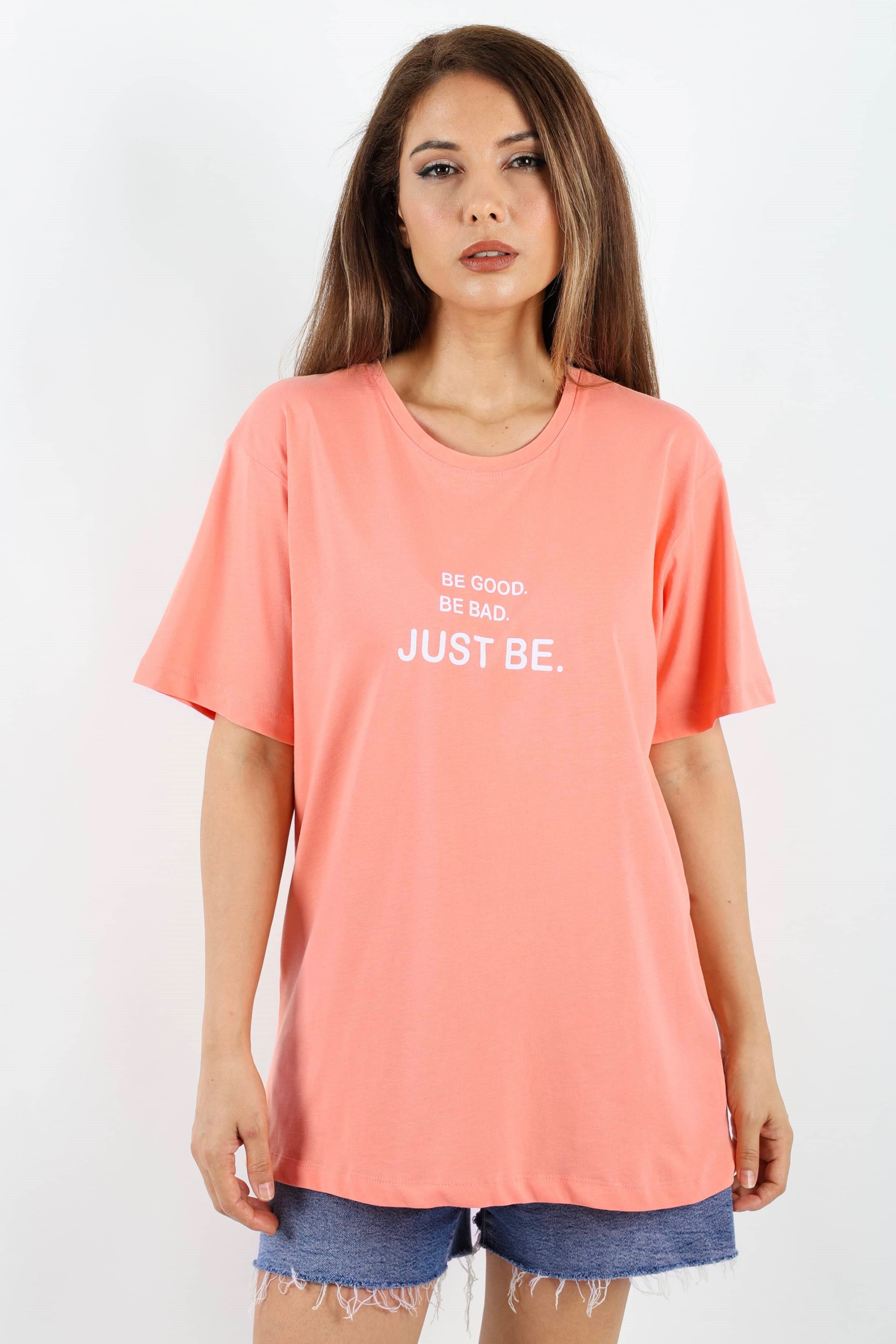 Kadın Just Be Geniş Kesim %100 Pamuk Somon T-Shirt
