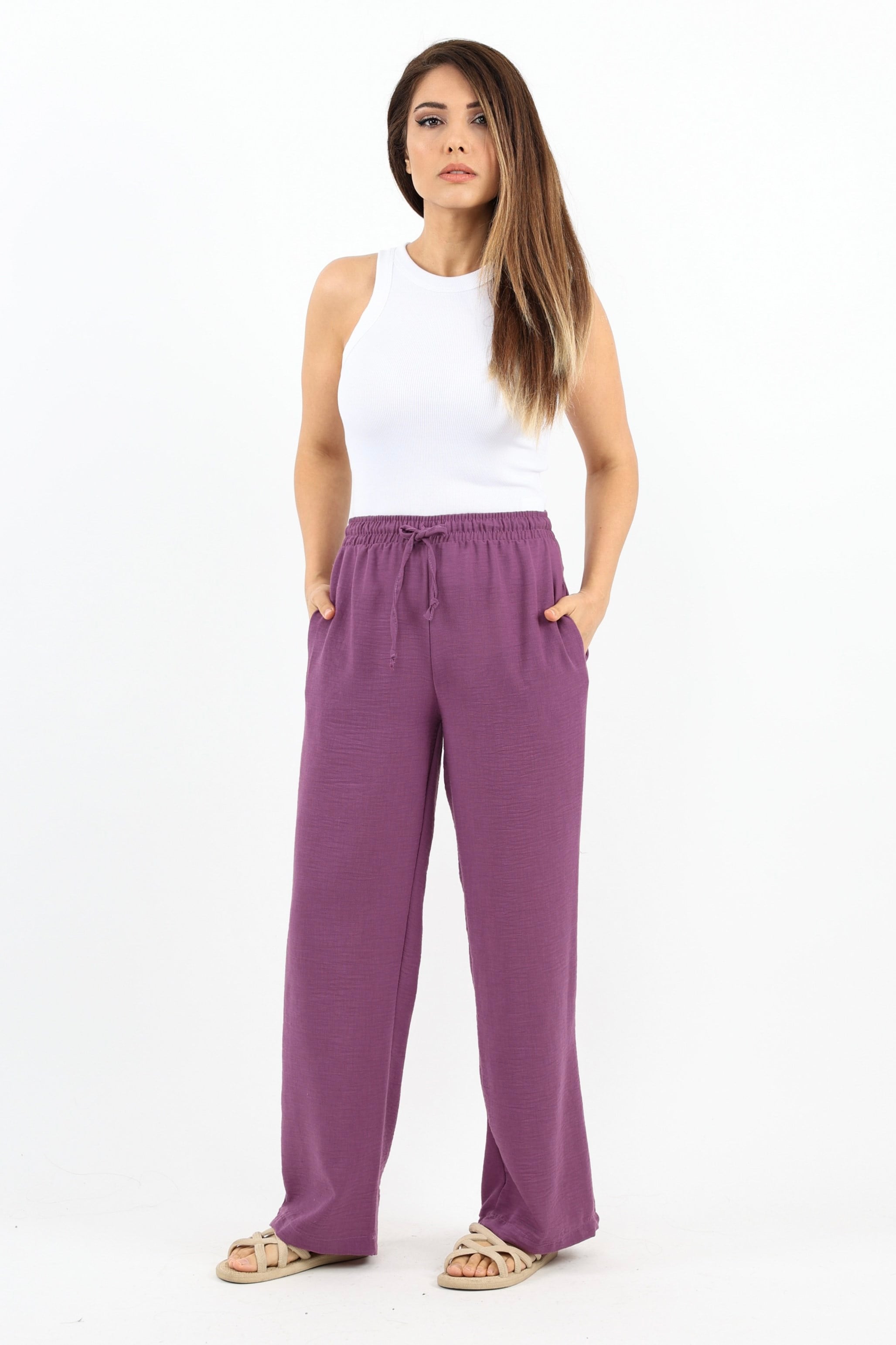 Kadın Keten Comfy Mor Düz Kesim Bel Lastikli Pantolon