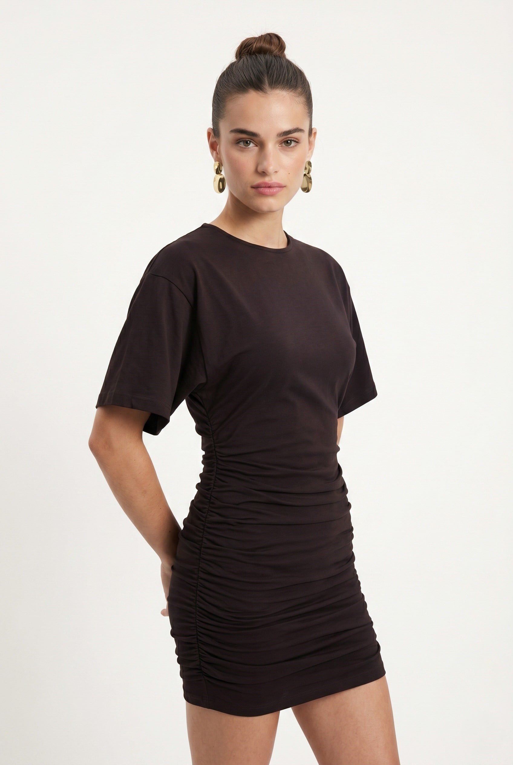 Kadın Kian Drape Detaylı Örme Mini Kahverengi Elbise