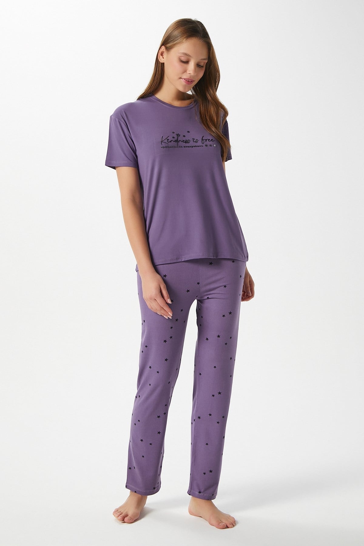 Kadın Kindness Yumuşak Doku Mürdüm Yıldız Desen Bisiklet Yaka Kısa Kollu Alt Üst Pijama Takımı