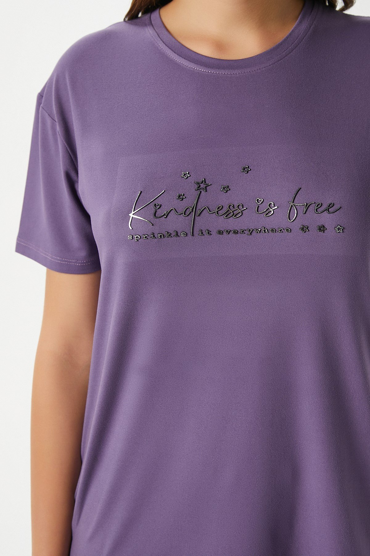 Kadın Kindness Yumuşak Doku Mürdüm Yıldız Desen Bisiklet Yaka Kısa Kollu Alt Üst Pijama Takımı