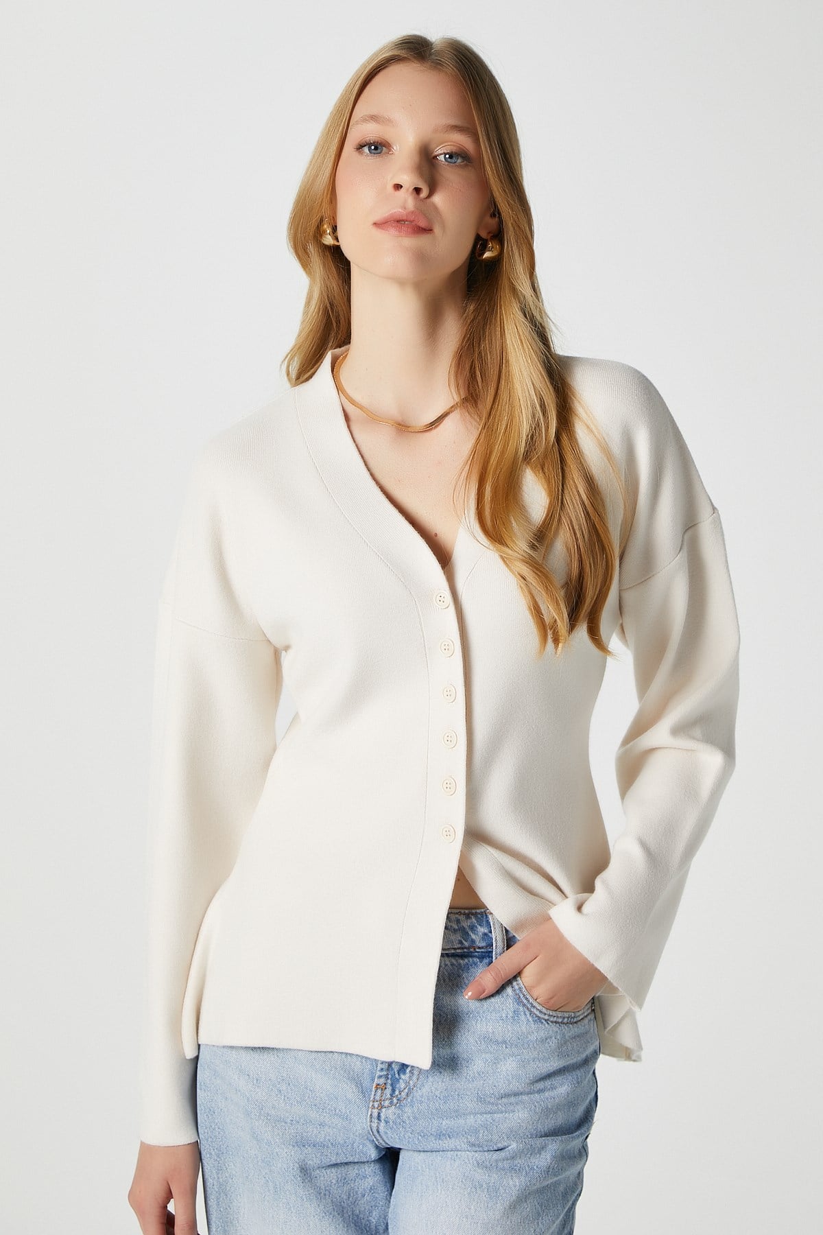 Kadın Lauren Özel İplik Merserize Görünüm Peplum Krem Triko Hırka 
