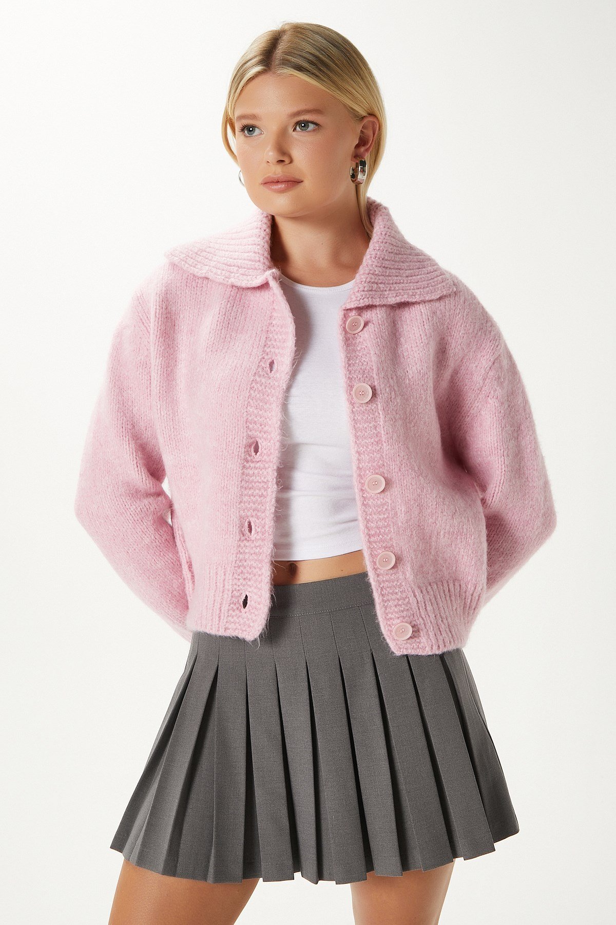 Kadın Lean Yumuşak Doku Polo Yaka Pembe Basic Triko Hırka HI00179