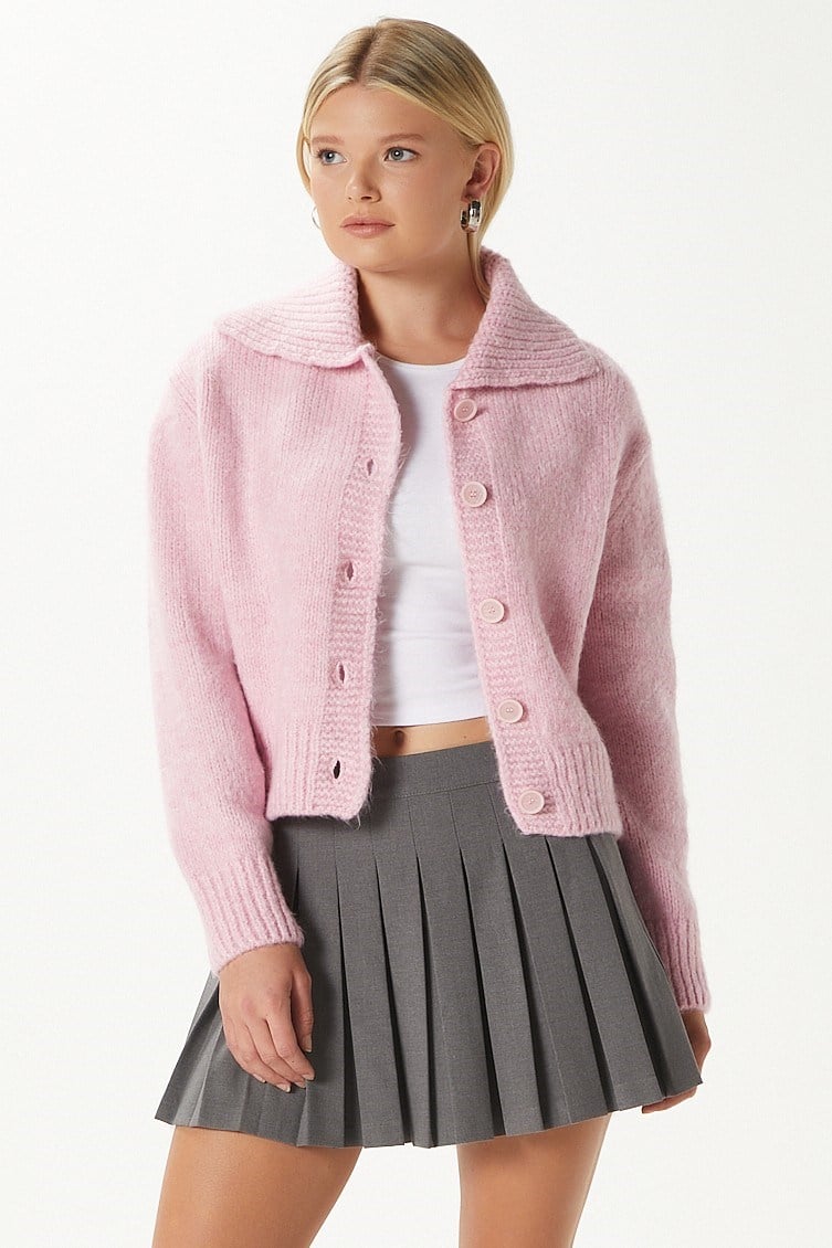 Kadın Lean Yumuşak Doku Polo Yaka Pembe Basic Triko Hırka HI00179