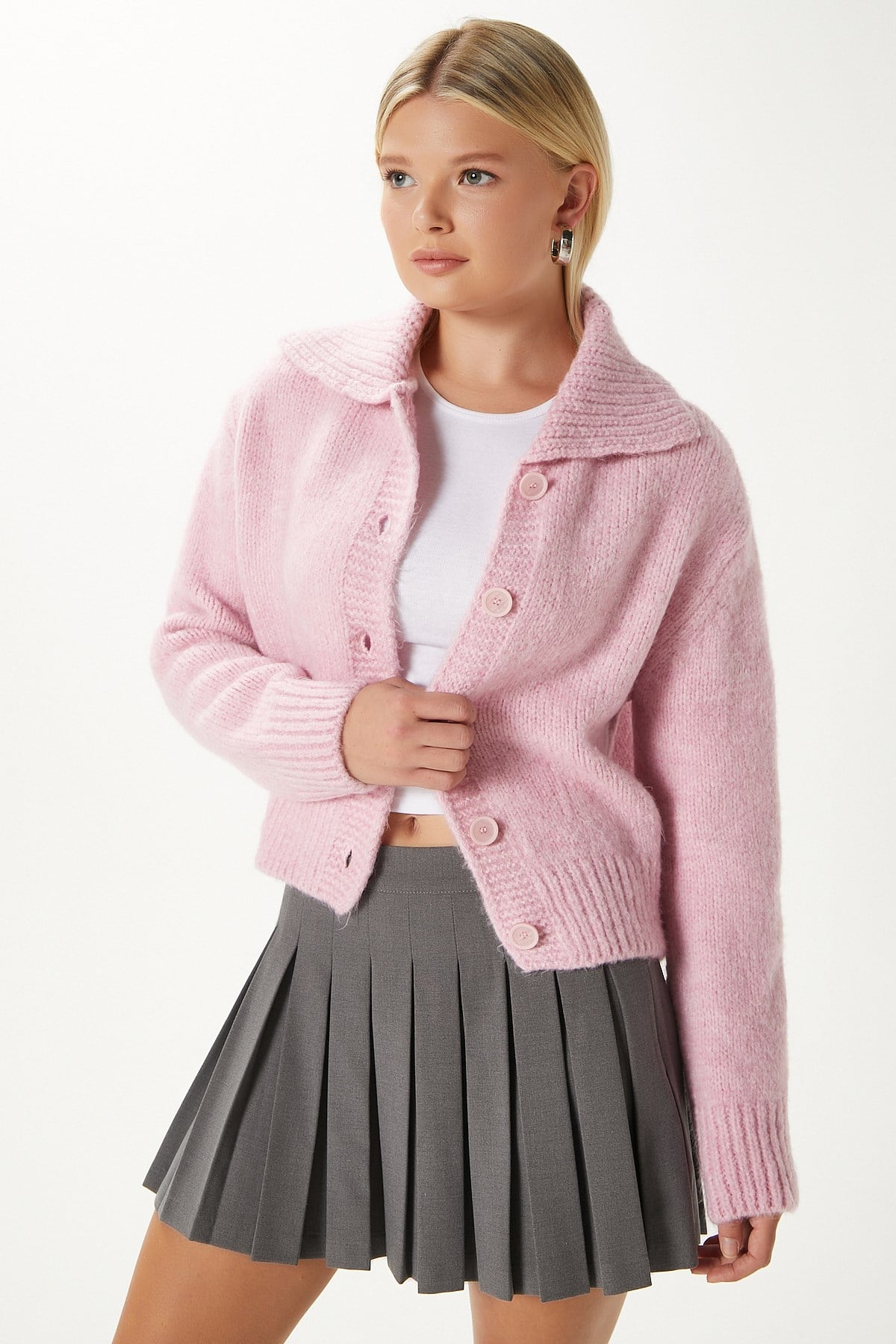Kadın Lean Yumuşak Doku Polo Yaka Pembe Basic Triko Hırka HI00179