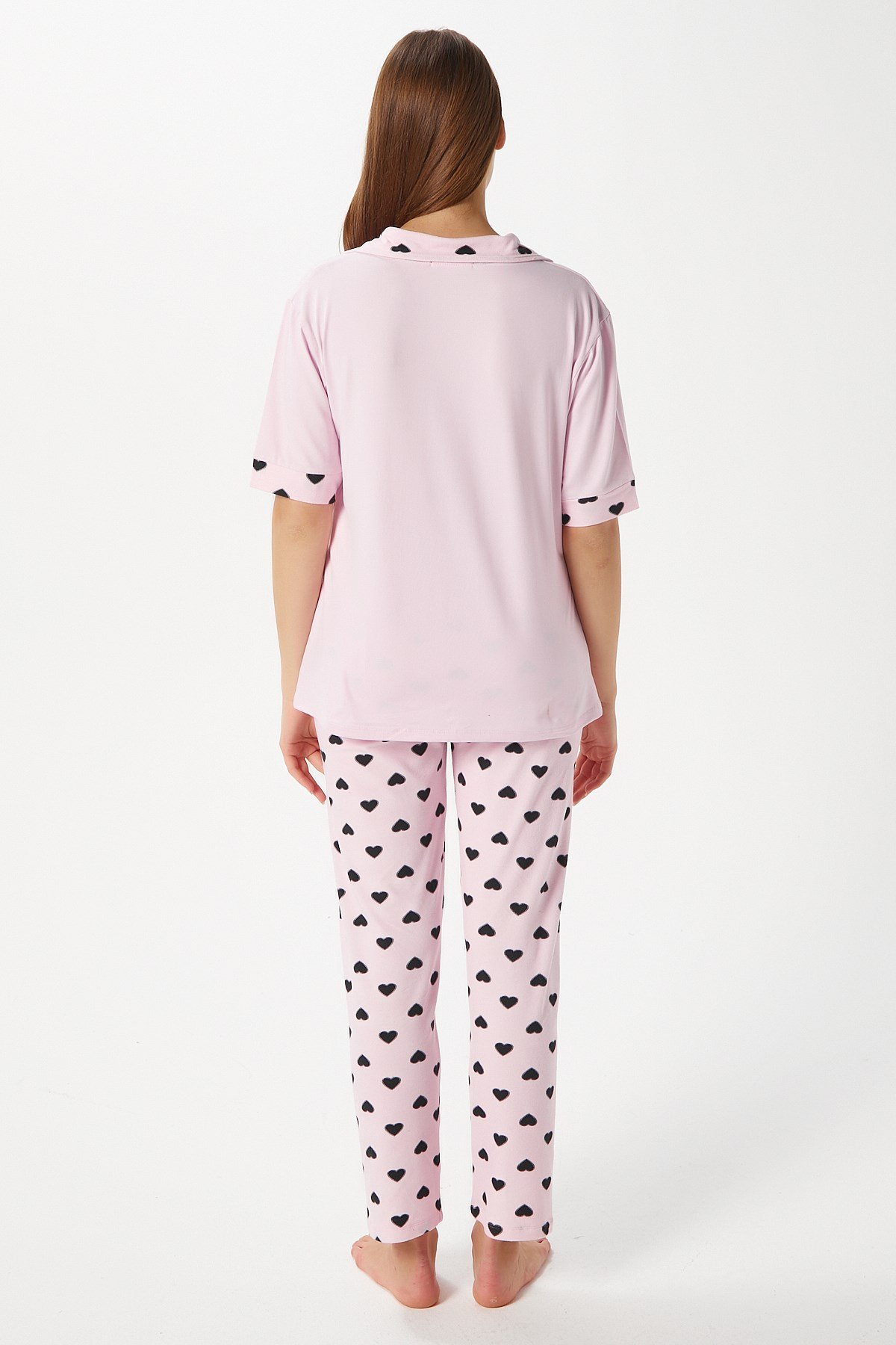 Kadın Lily Yumuşak Doku Pembe Kalpli Ön Düğmeli Kısa Kollu Pijama Takımı