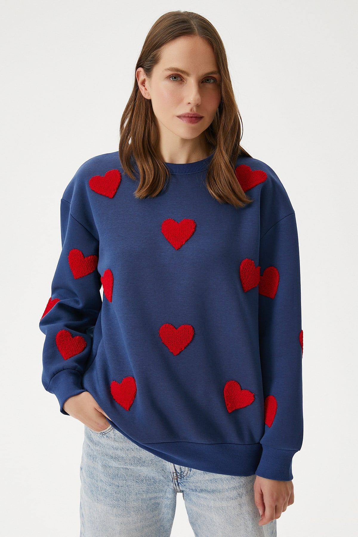 Kadın Love Kalp Nakışlı Lacivert Kırmızı Sweatshirt