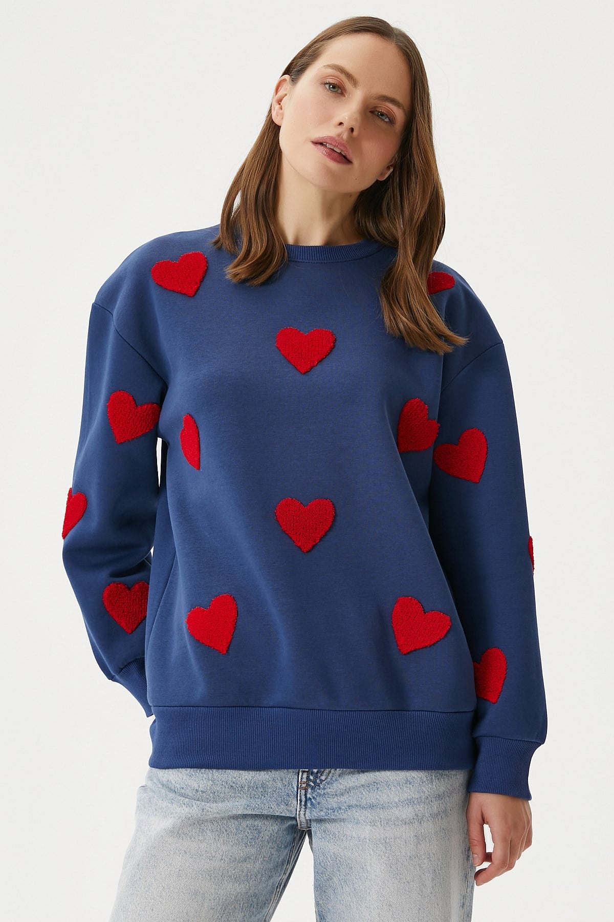 Kadın Love Kalp Nakışlı Lacivert Kırmızı Sweatshirt