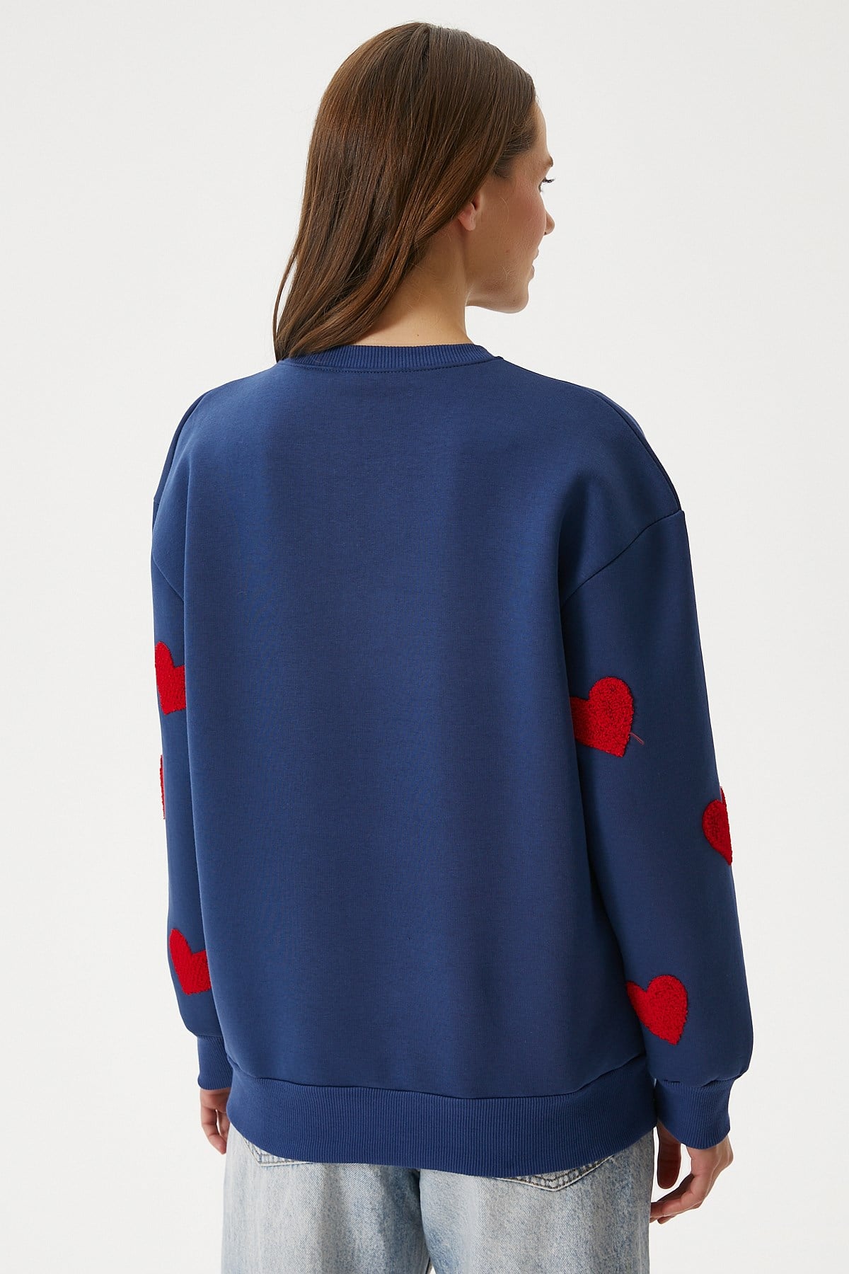 Kadın Love Kalp Nakışlı Lacivert Kırmızı Sweatshirt