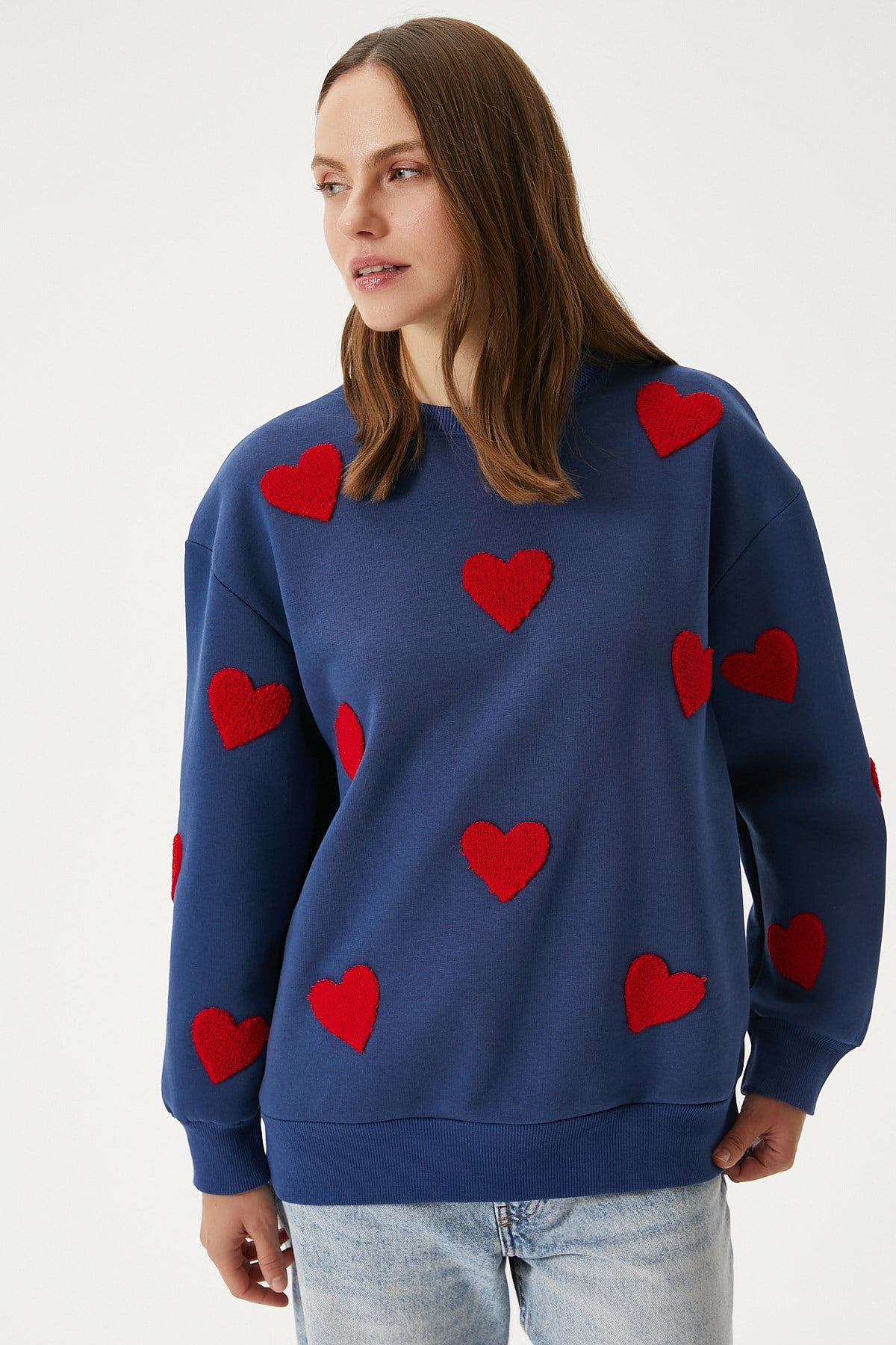 Kadın Love Kalp Nakışlı Lacivert Kırmızı Sweatshirt
