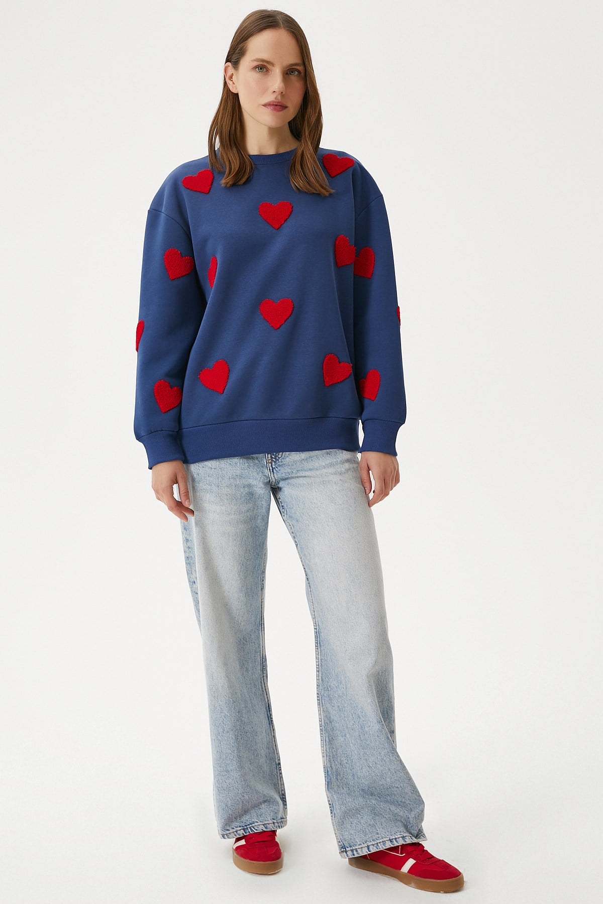 Kadın Love Kalp Nakışlı Lacivert Kırmızı Sweatshirt