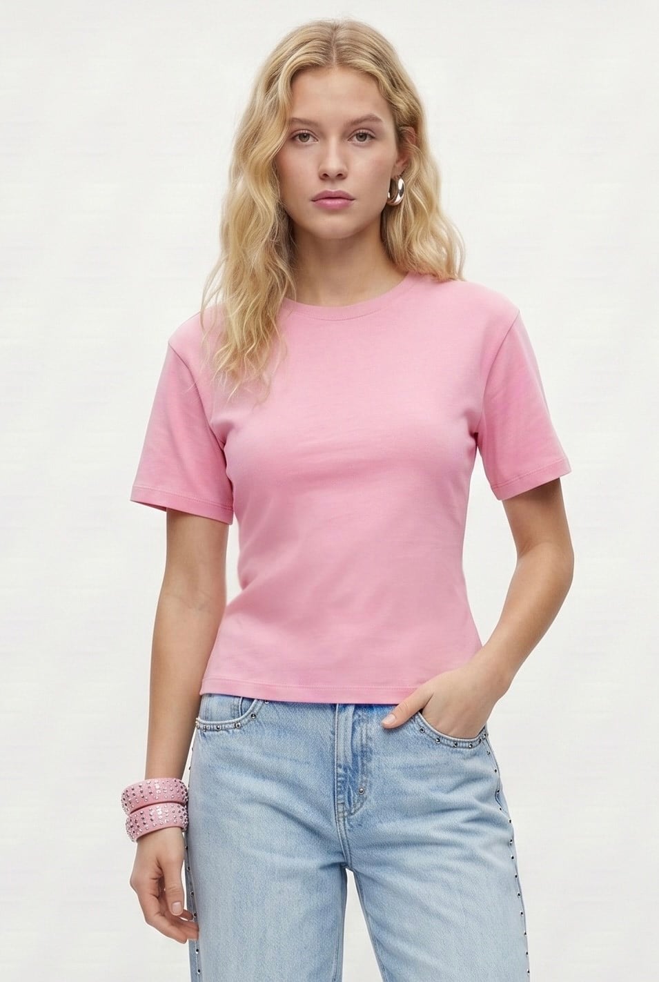Kadın Luma Belden Oturan Bağcıklı Ayarlanabilir Pamuk Pembe T-shirt / Bluz
