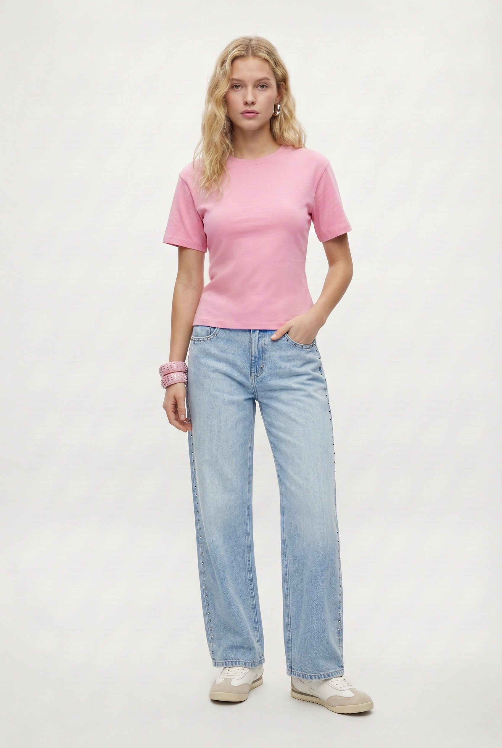 Kadın Luma Belden Oturan Bağcıklı Ayarlanabilir Pamuk Pembe T-shirt / Bluz