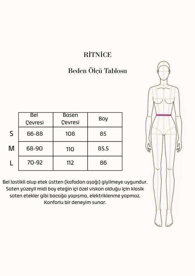 Kadın Lunares Bel Lastikli Puantiyeli Midi Boy Krem Viskon Saten Etek