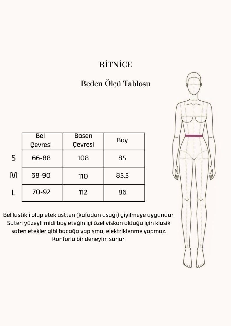 Kadın Lunares Bel Lastikli Puantiyeli Midi Boy Krem Viskon Saten Etek