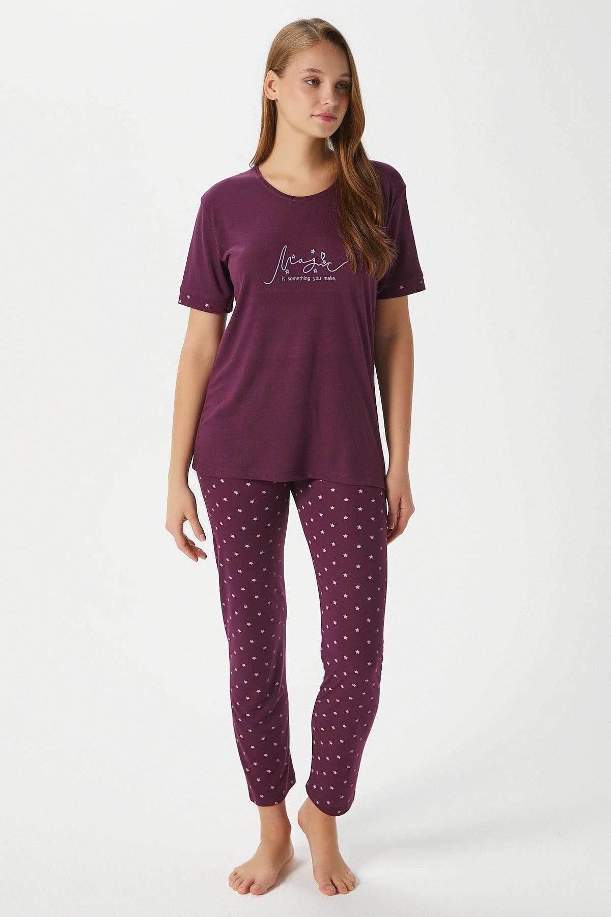 Kadın Magic Viskon Bisiklet Yaka Kısa Kol Mürdüm Alt Üst Pijama Takımı