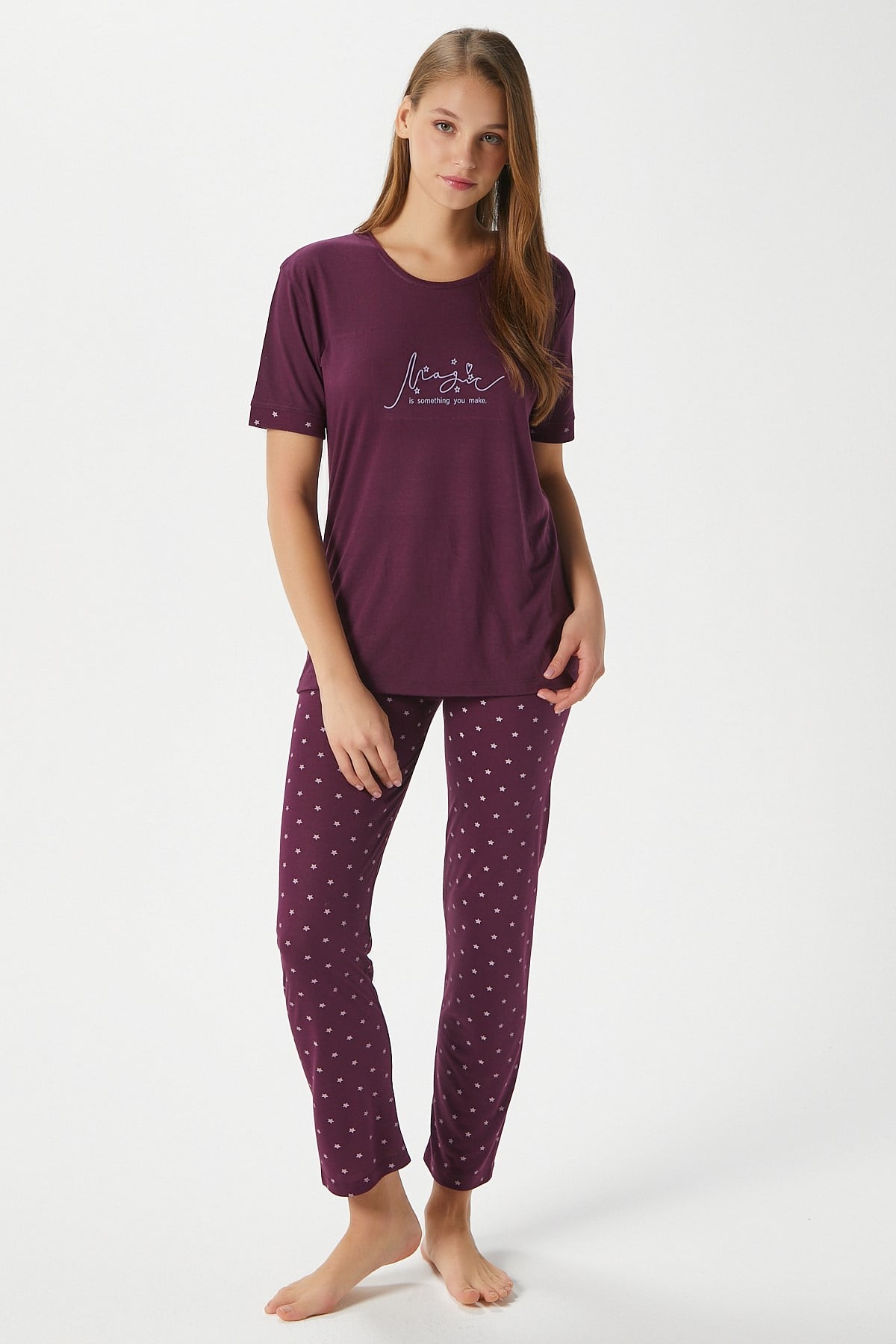 Kadın Magic Viskon Bisiklet Yaka Kısa Kol Mürdüm Alt Üst Pijama Takımı