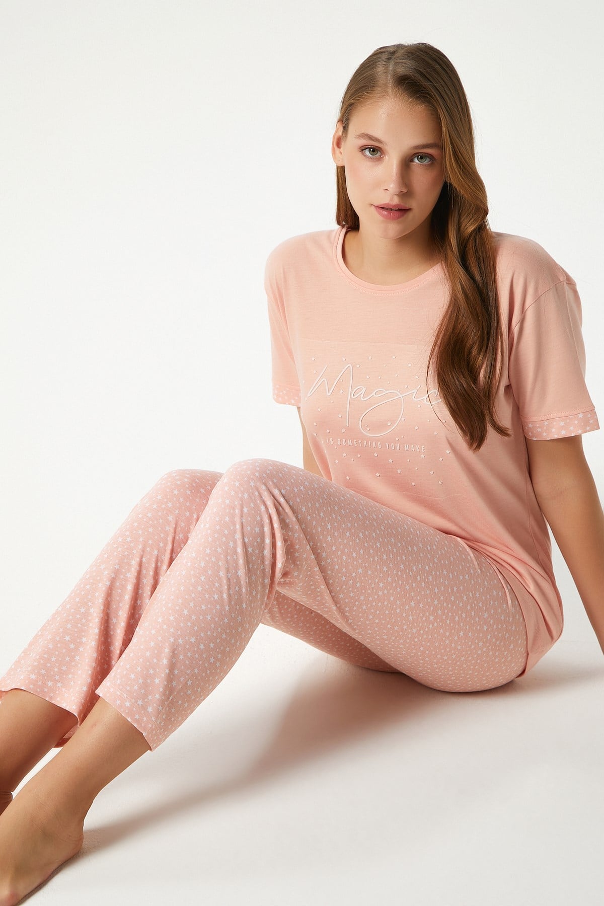 Kadın Magic Viskon Bisiklet Yaka Kısa Kol Somon Alt Üst Pijama Takımı