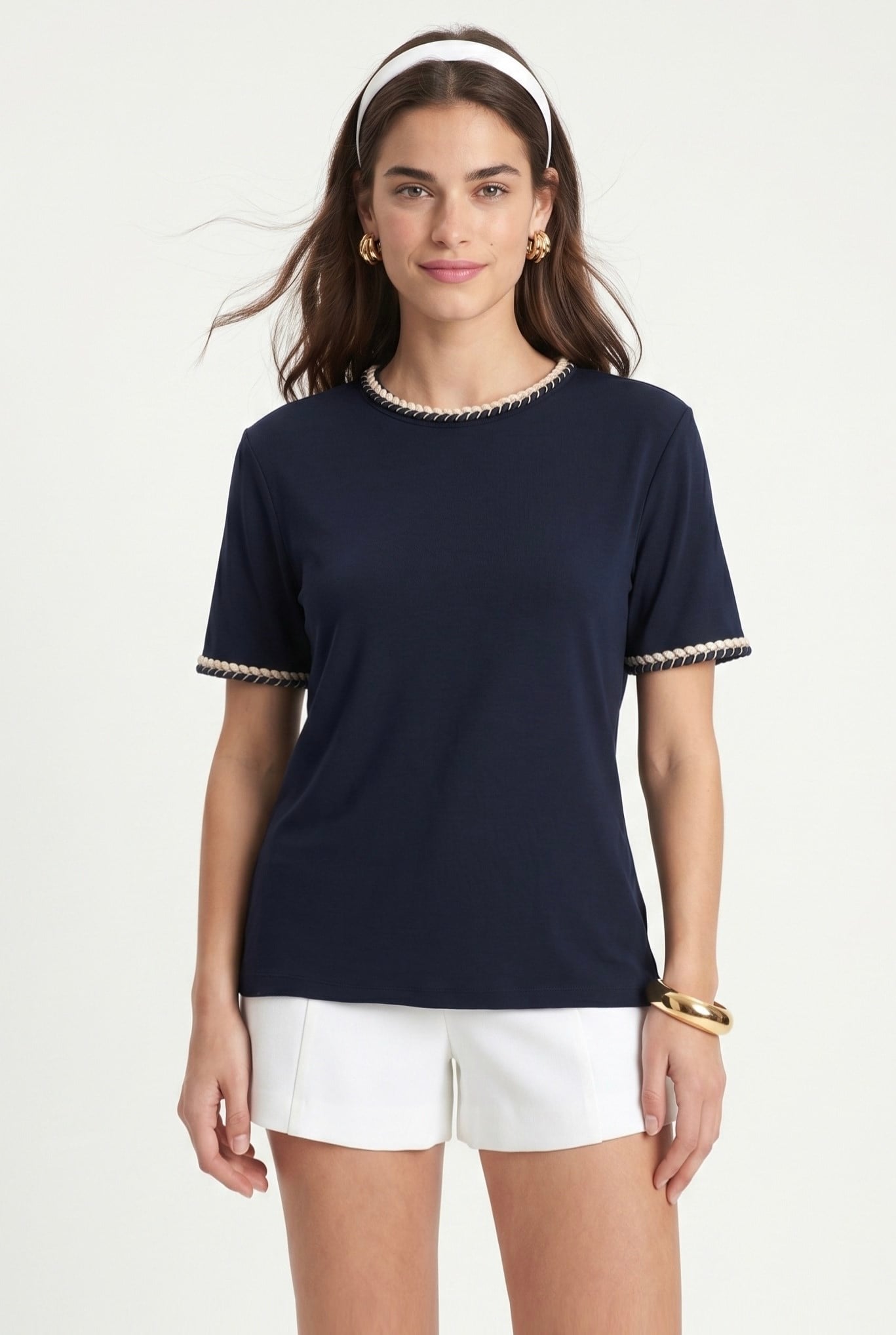 Kadın Marin Yaka İşlemeli %100 Pamuk Kısa Kol Lacivert Örme T-shirt