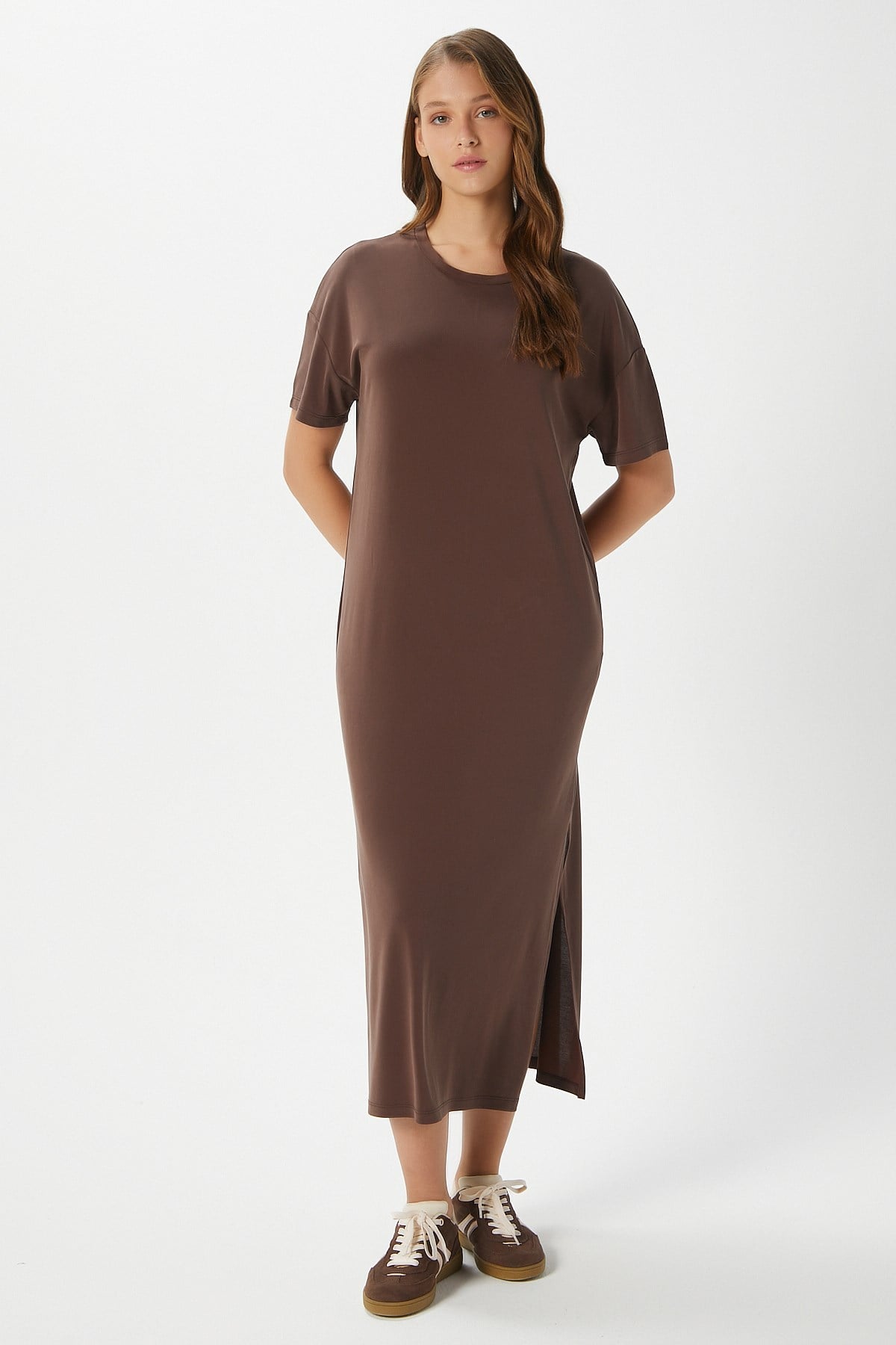 Kadın Modal Daily Comfort Kahverengi Yırtmaçlı Elbise 16556