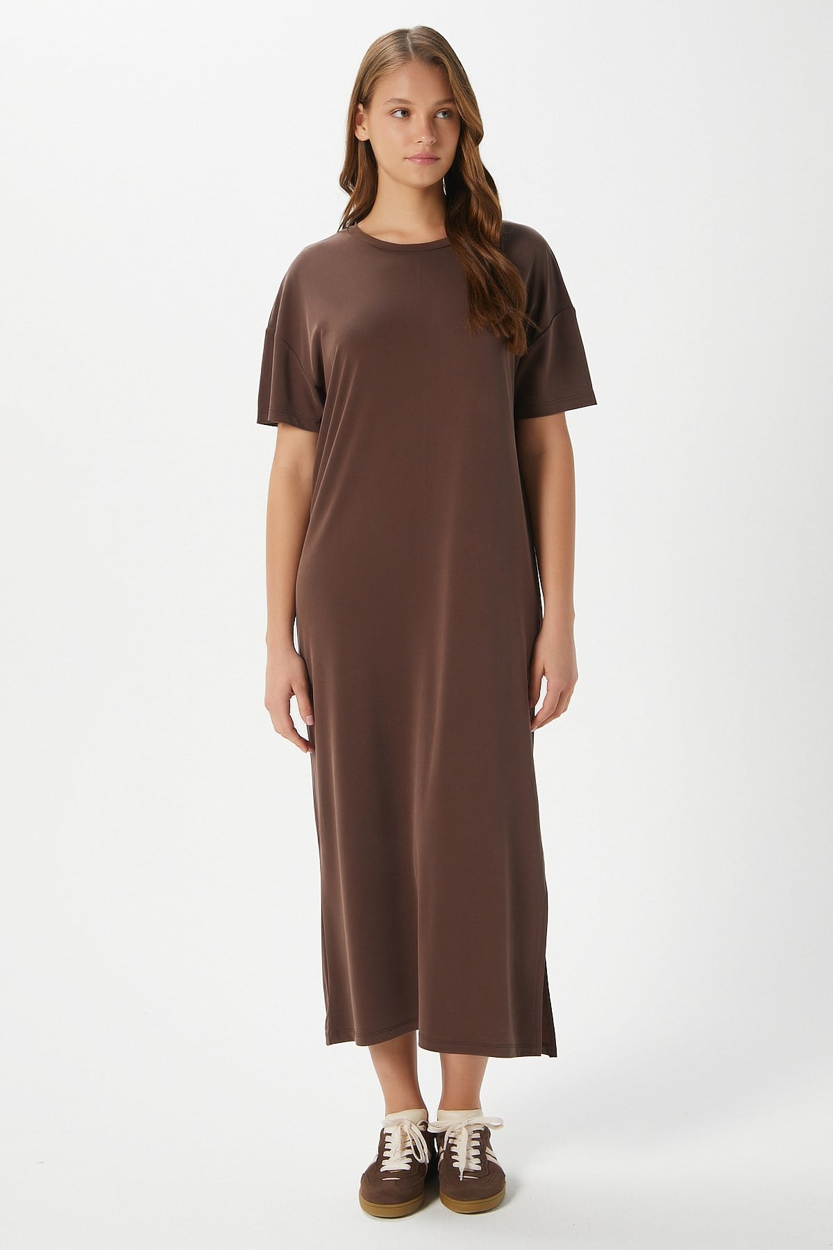 Kadın Modal Daily Comfort Kahverengi Yırtmaçlı Elbise 16556
