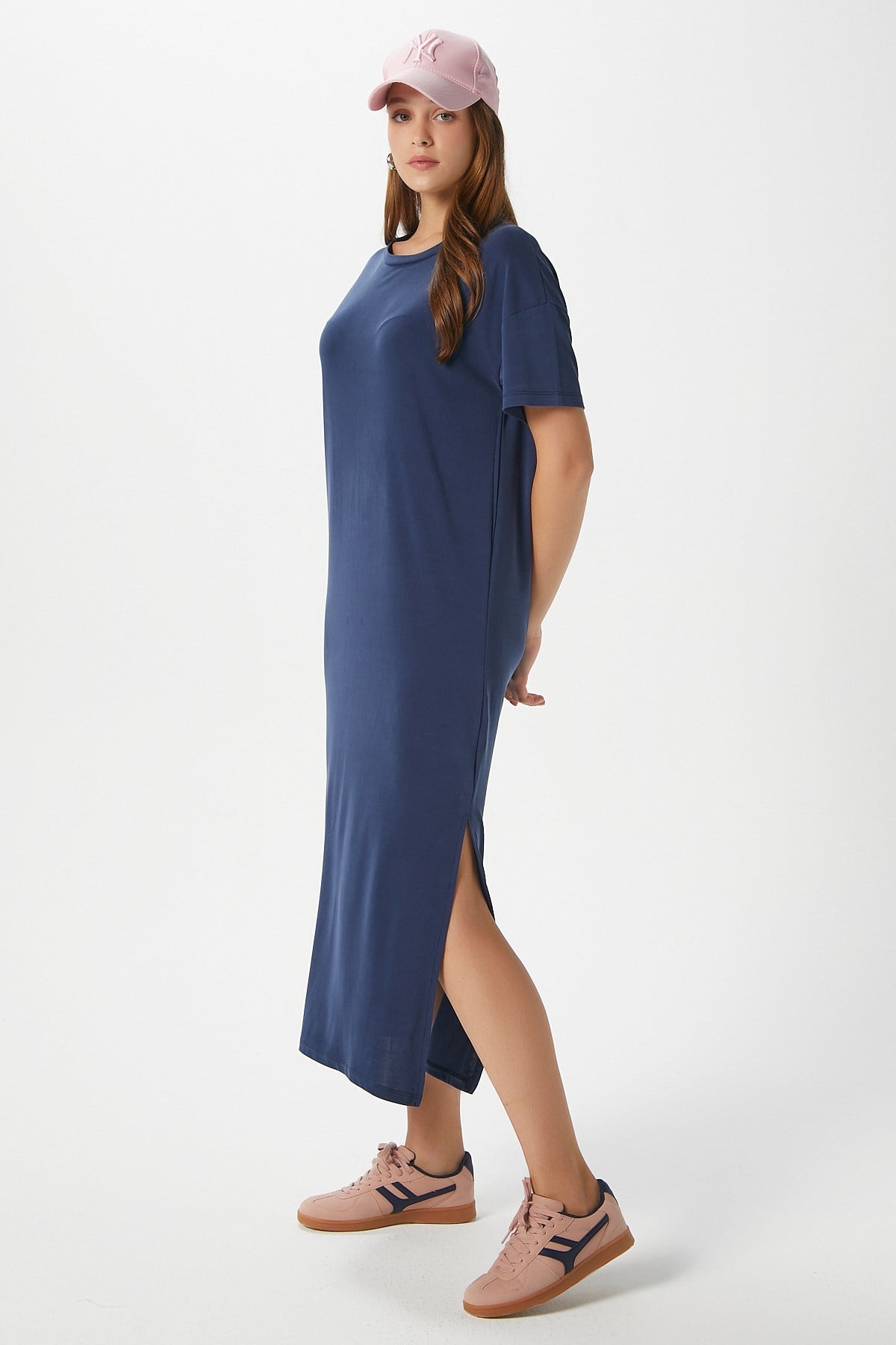 Kadın Modal Daily Comfort Lacivert Yırtmaçlı Elbise 16556