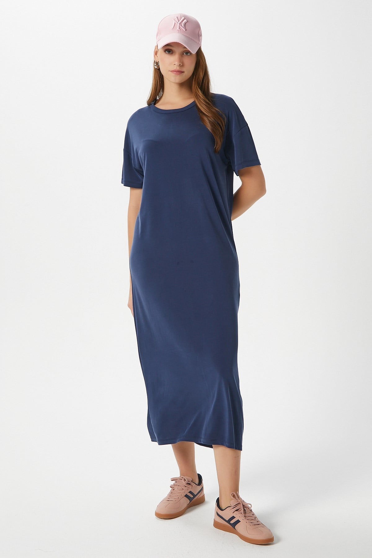 Kadın Modal Daily Comfort Lacivert Yırtmaçlı Elbise 16556