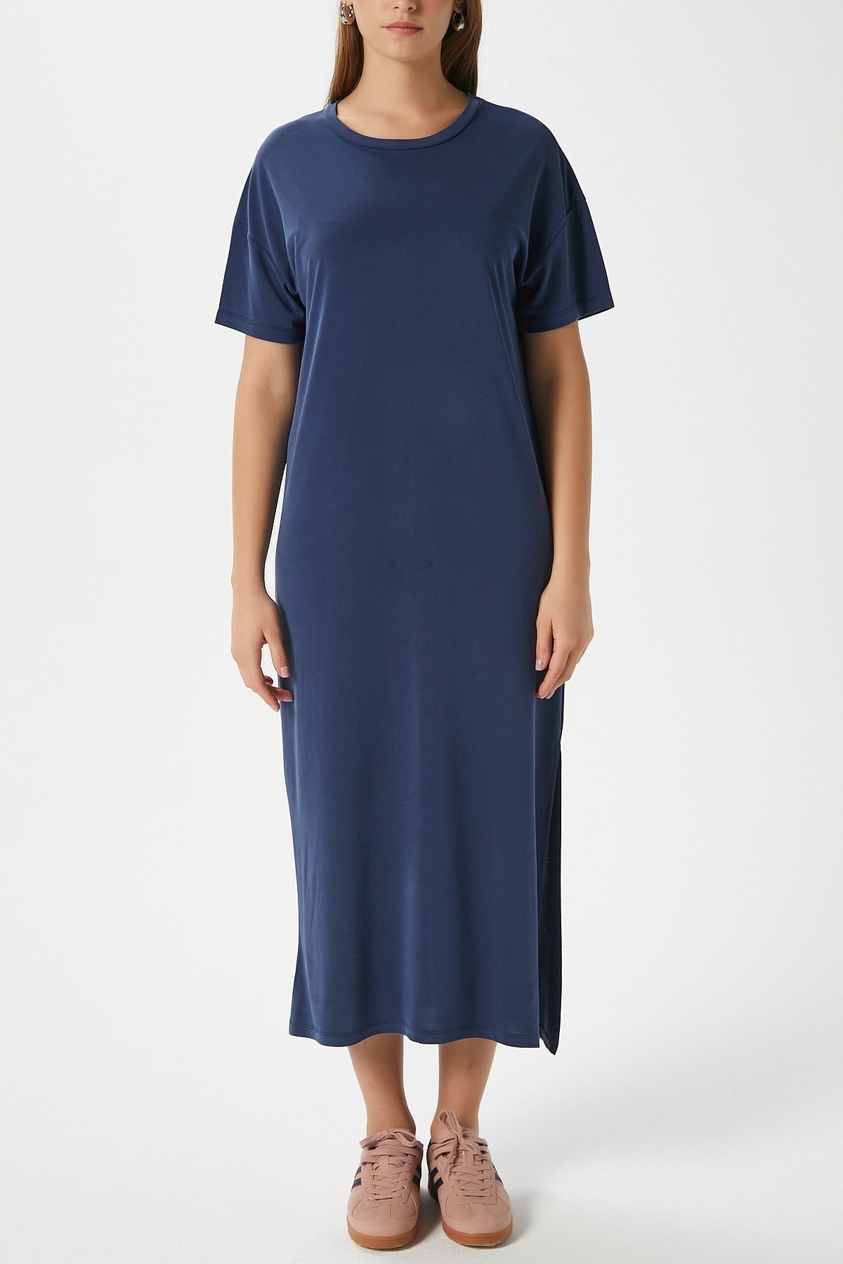 Kadın Modal Daily Comfort Lacivert Yırtmaçlı Elbise 16556