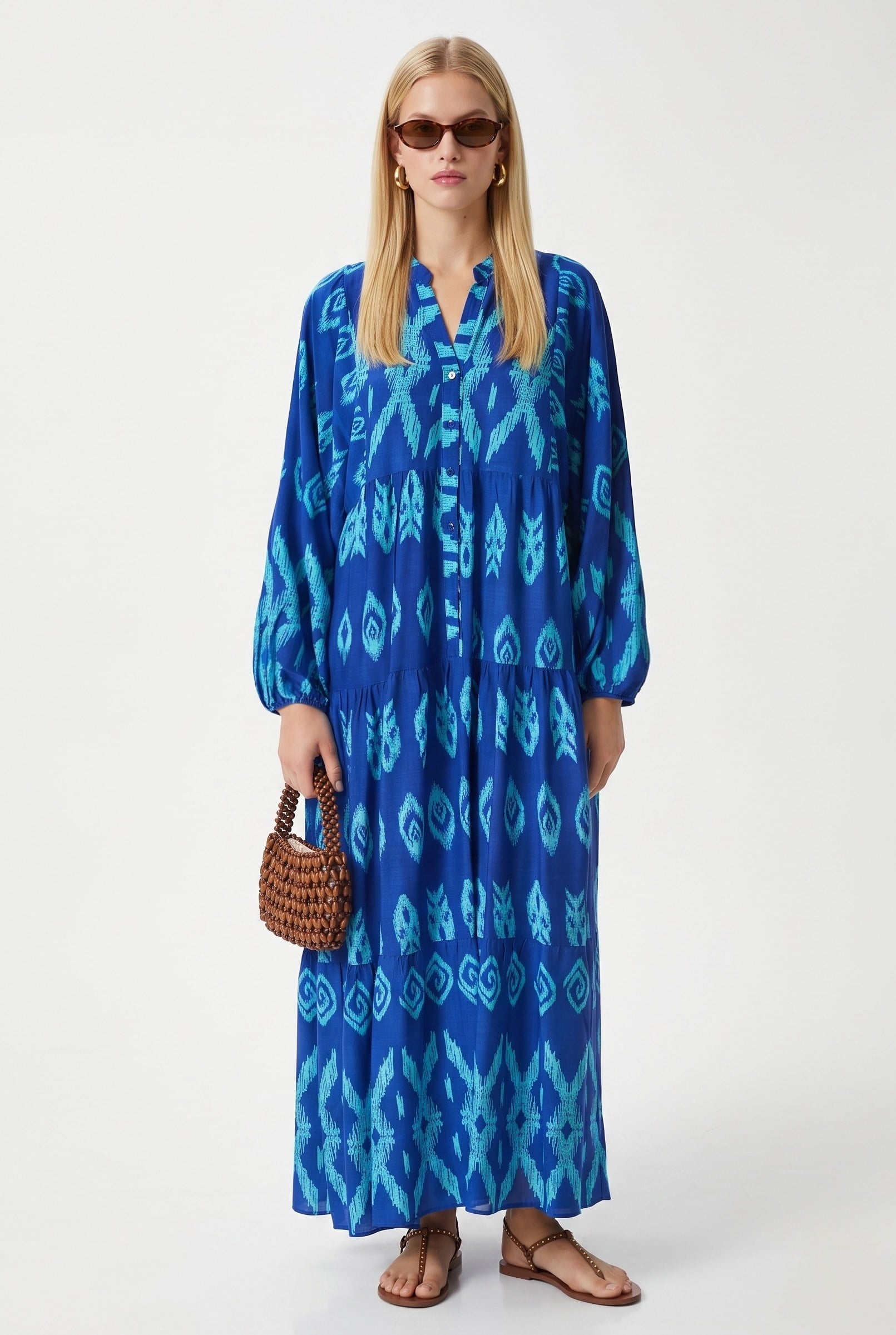 Kadın Modest New Megan %100 Viskon Maksi Boy Mavi Balon Kol Uzun Yazlık Elbise