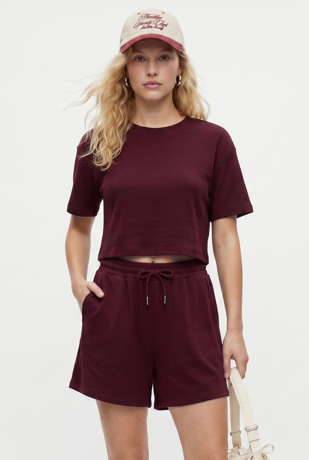 Kadın Molly %100 Pamuk Bel Lastikli Şort Crop T-shirt Örme Bordo Alt Üst Takım