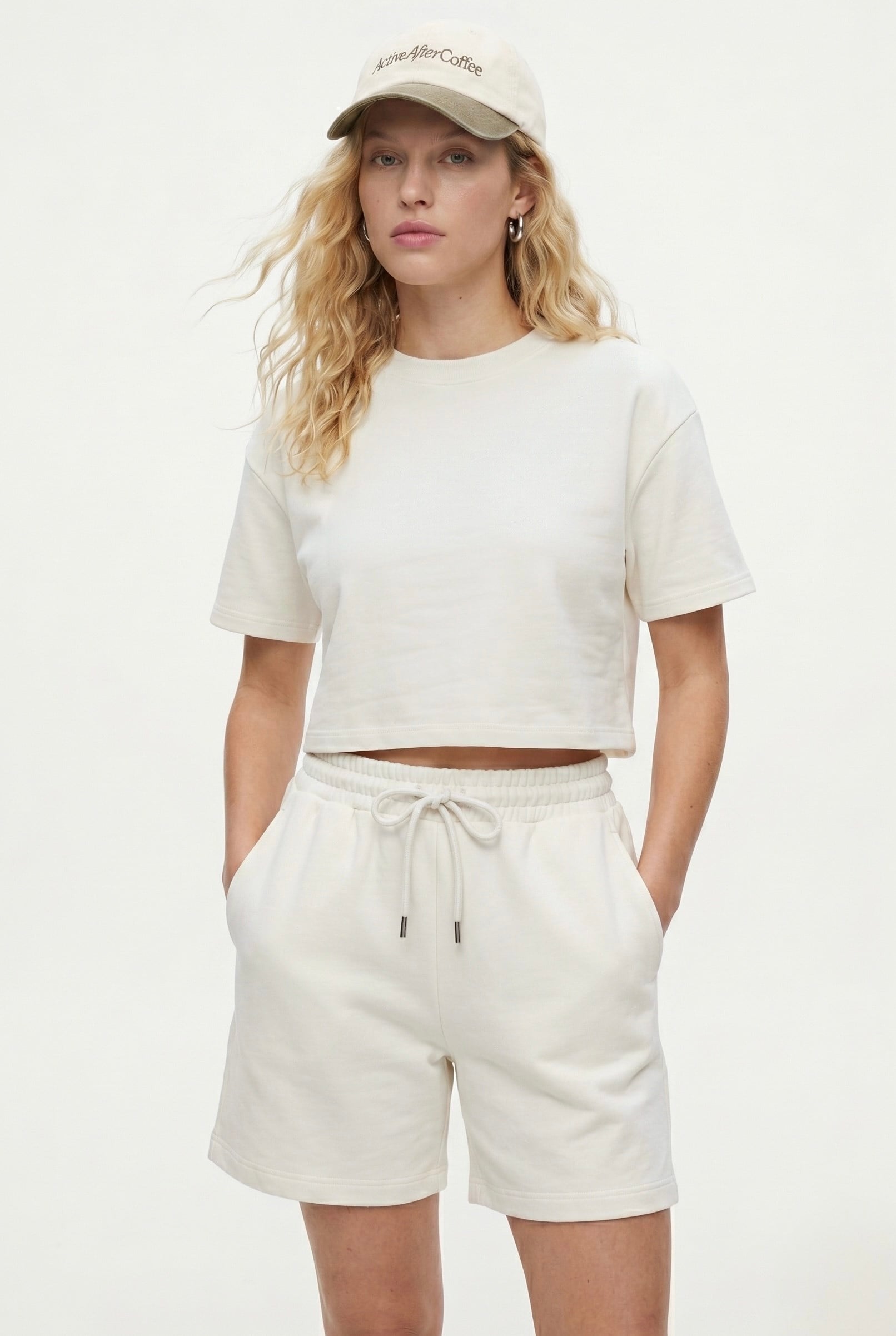 Kadın Molly %100 Pamuk Bel Lastikli Şort Crop T-shirt Örme Ekru Alt Üst Takım