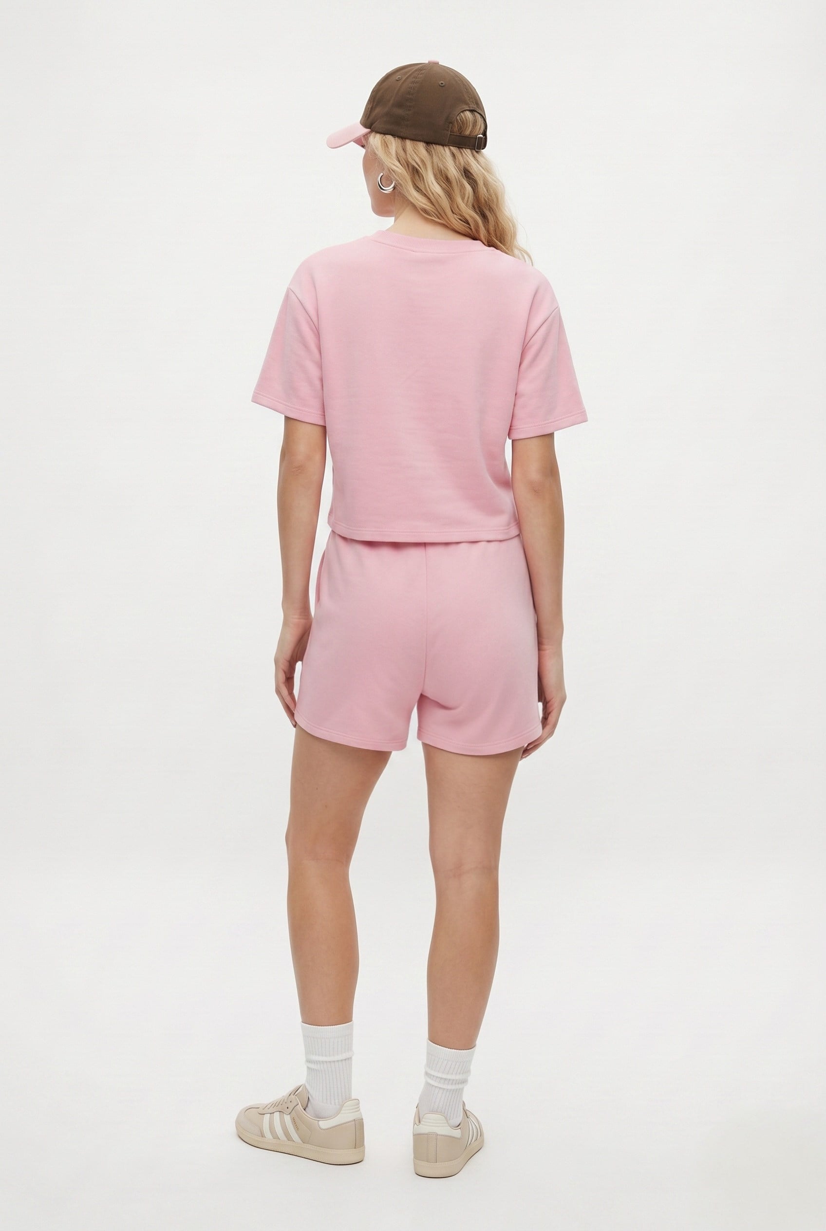 Kadın Molly %100 Pamuk Bel Lastikli Şort Crop T-shirt Örme Pembe Alt Üst Takım