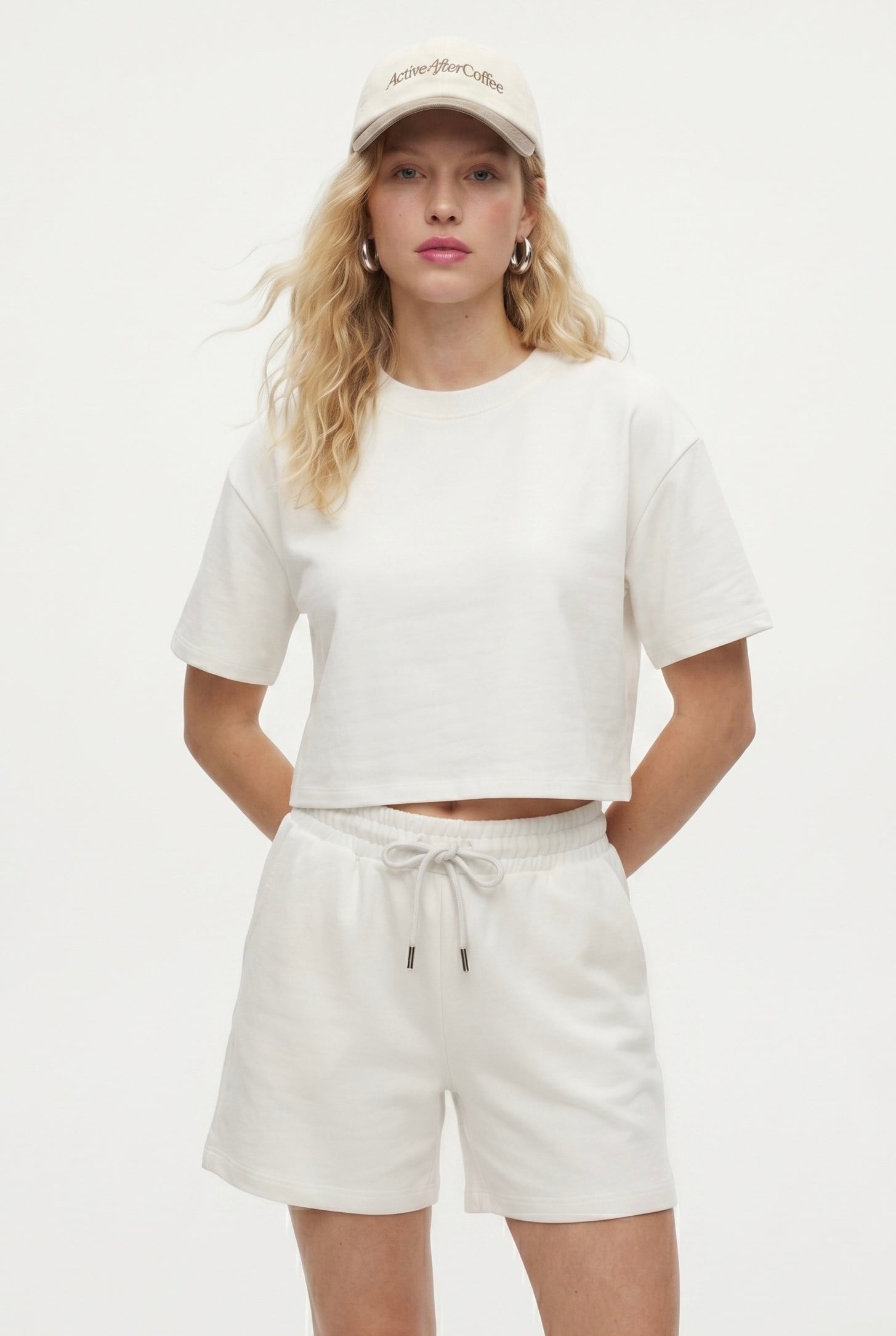 Kadın Molly %100 Pamuk Bel Lastikli Şort Crop T-shirt Örme Ekru Alt Üst Takım
