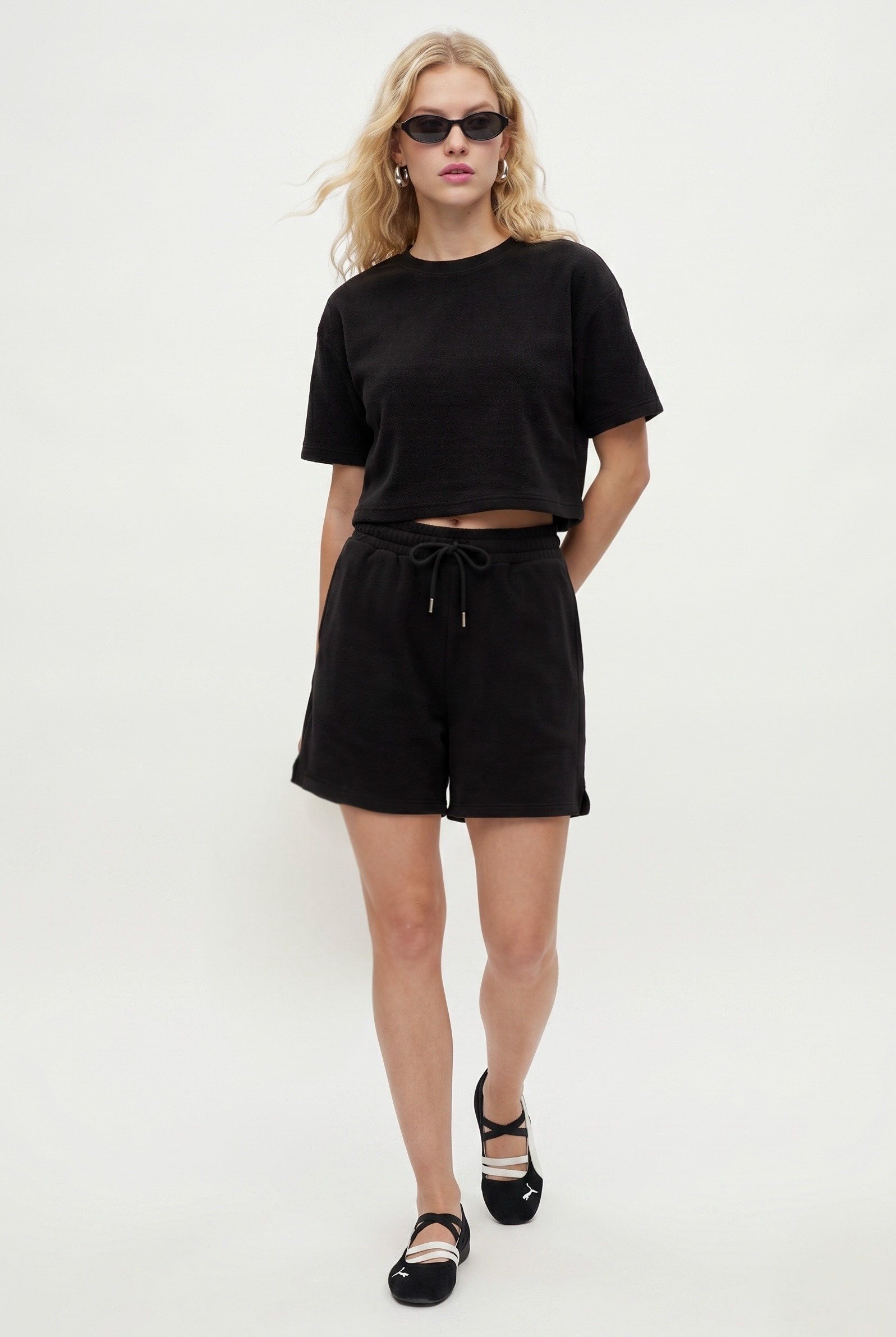 Kadın Molly %100 Pamuk Bel Lastikli Şort Crop T-shirt Örme Siyah Alt Üst Takım