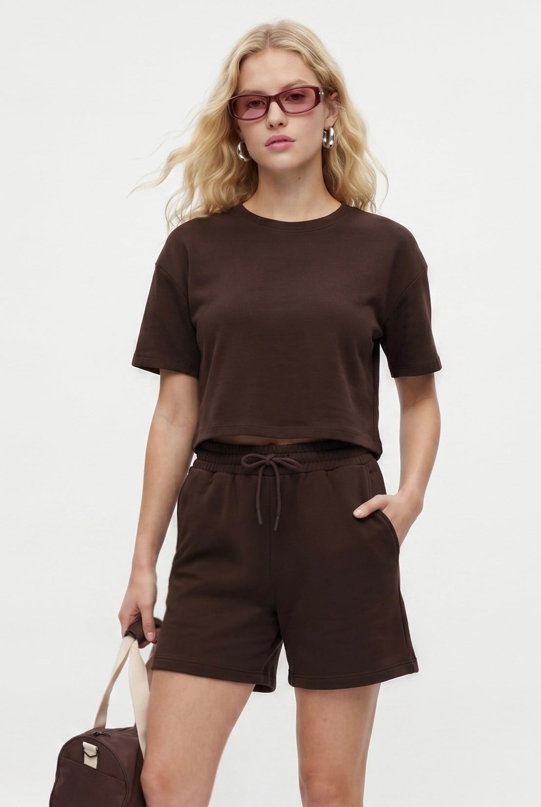 Kadın Molly %100 Pamuk Bel Lastikli Şort Crop T-shirt Örme Kahverengi Alt Üst Takım