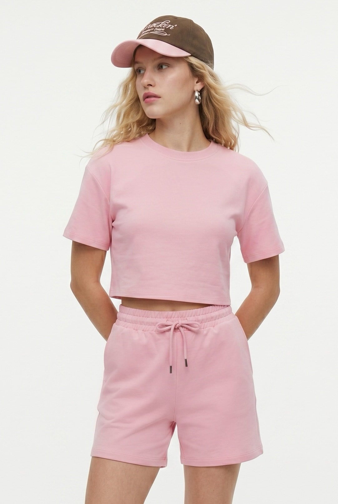 Kadın Molly %100 Pamuk Bel Lastikli Şort Crop T-shirt Örme Pembe Alt Üst Takım