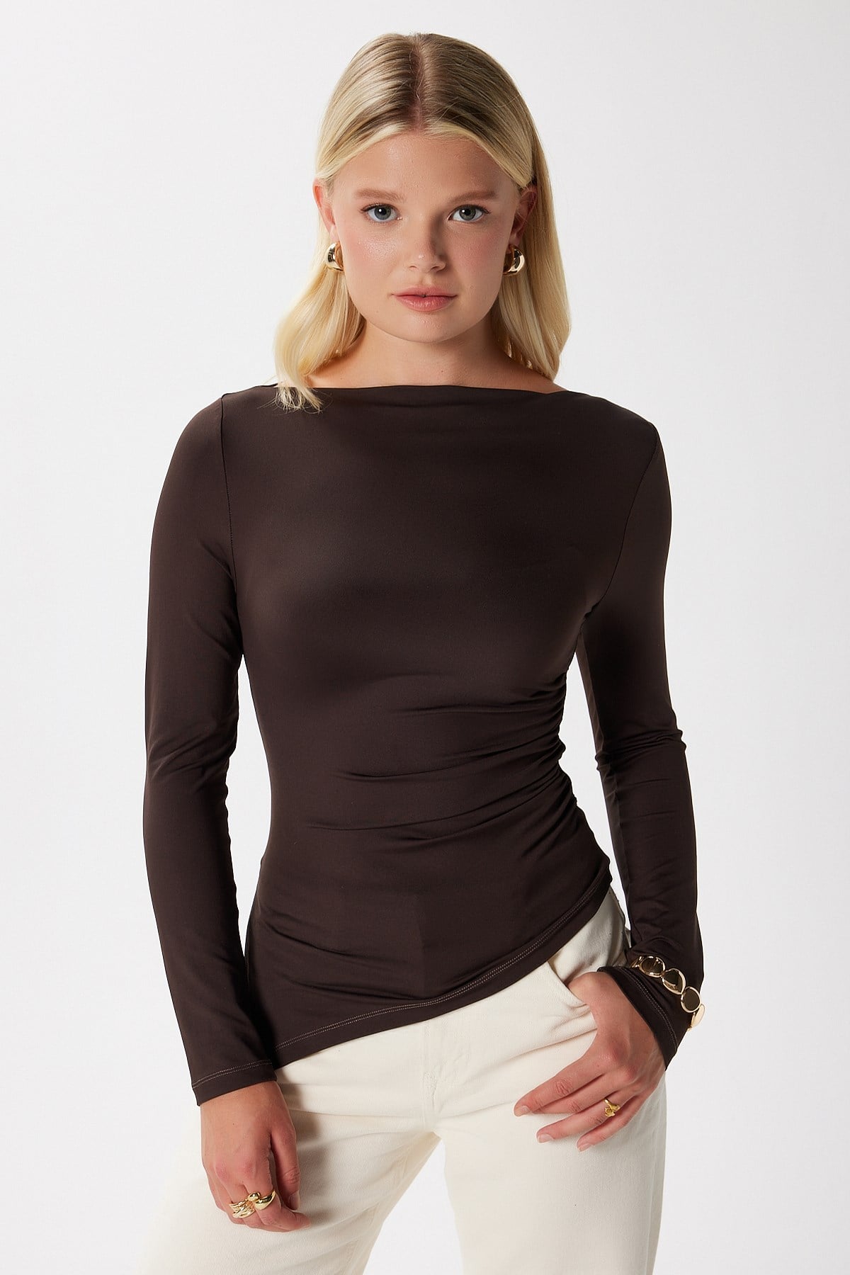 Kadın Most Poliamid Asimetrik Kahverengi Uzun Kol Bluz
