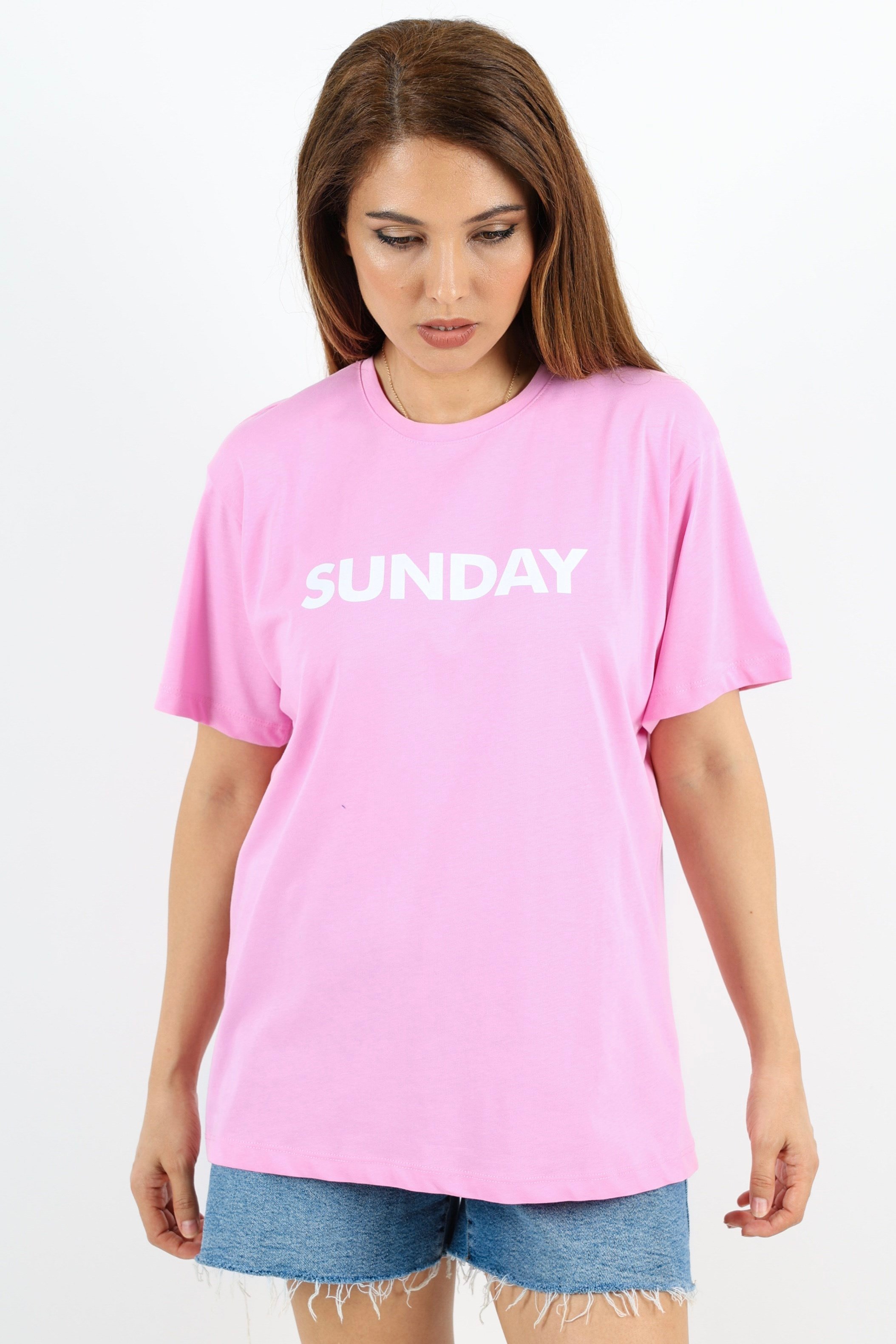 Kadın Motto Yazılı Oversize %100 Pamuk Uzun Pembe T-Shirt