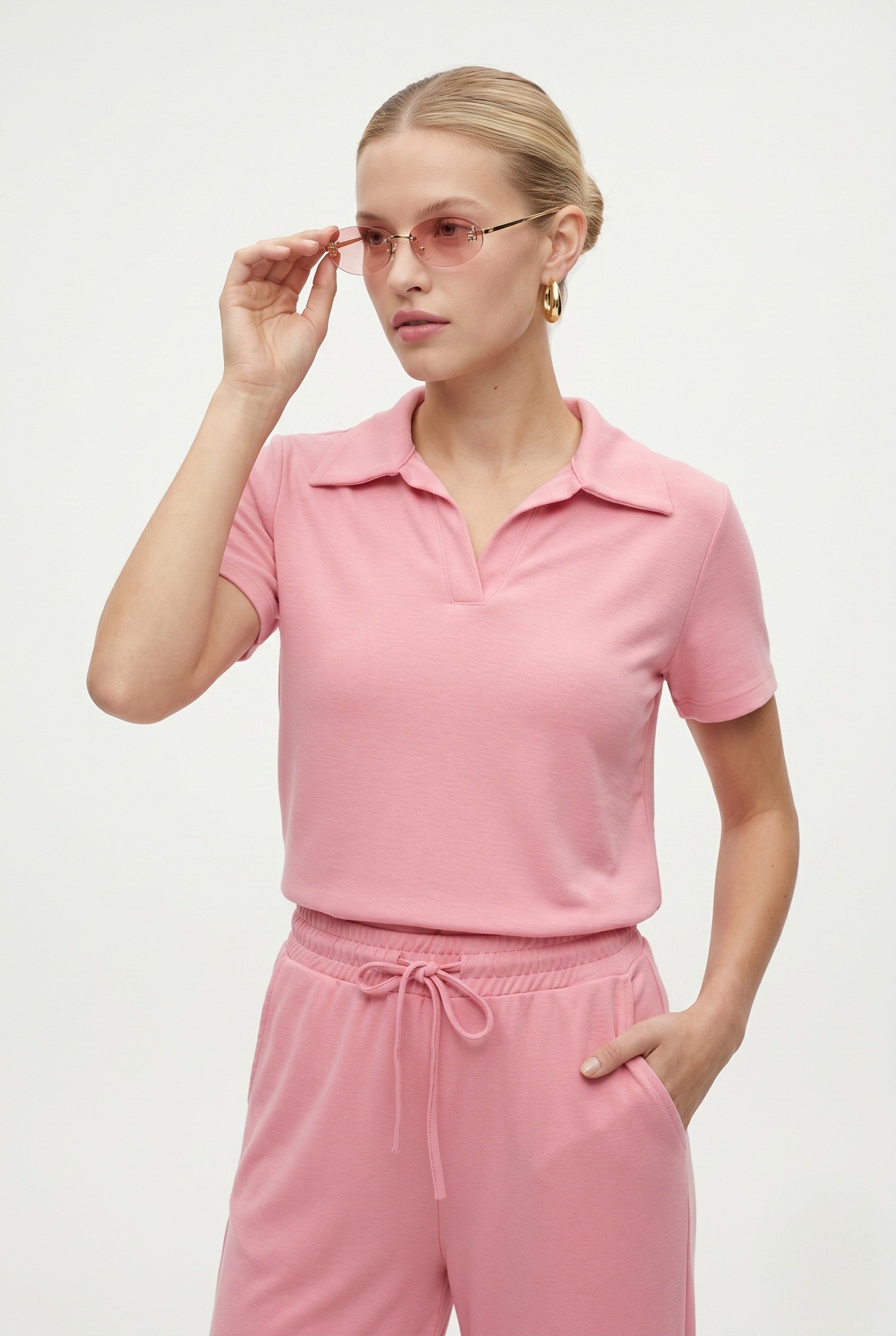 Kadın Nadia Modal Touch Polo Yaka Bel Lastikli Cepli Pembe Alt Üst Takım