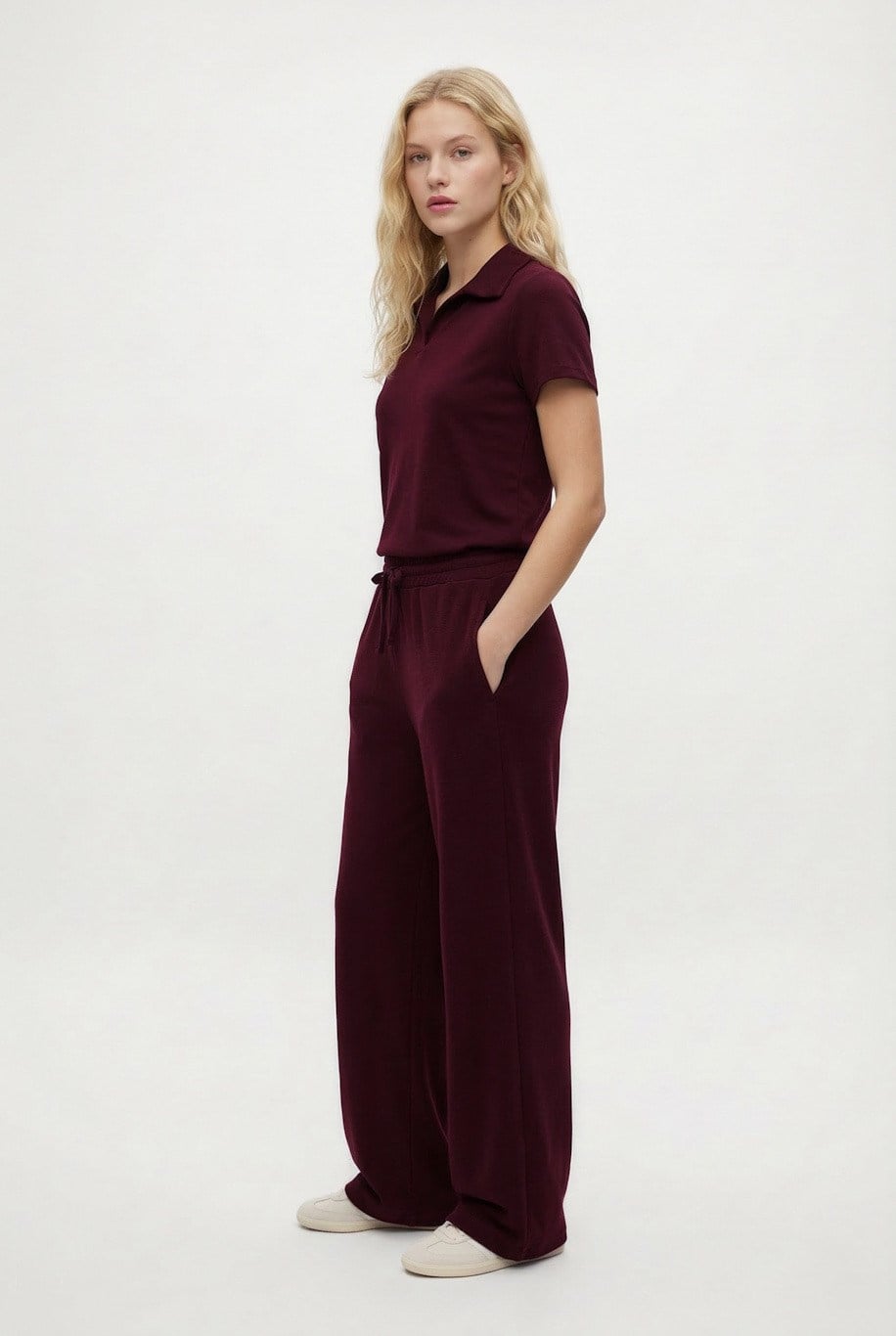 Kadın Nadia Modal Touch Polo Yaka Bel Lastikli Cepli Bordo Alt Üst Takım