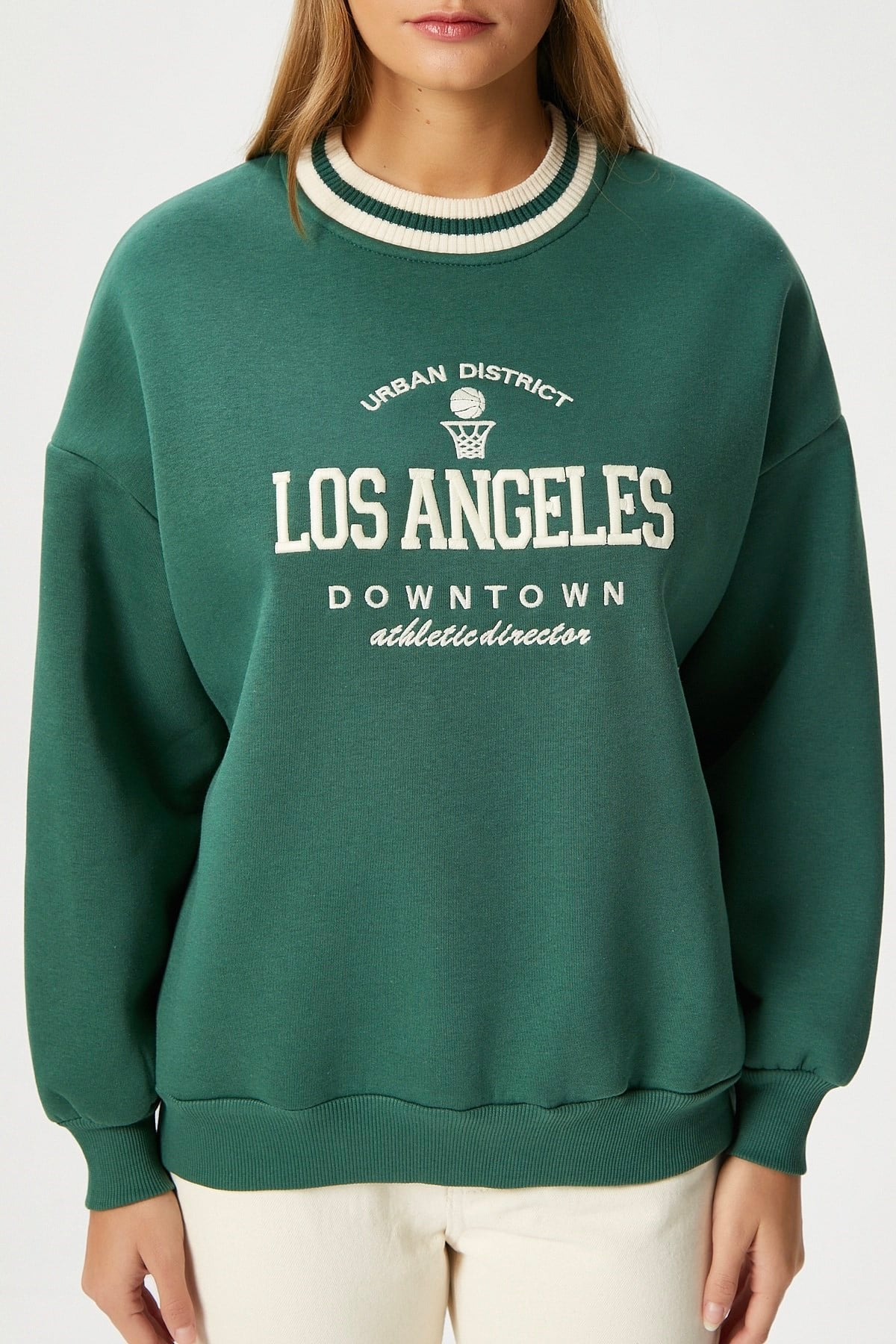 Kadın Nakışlı Los Angeles İçi Polarlı Yeşil Oversize Sweatshirt