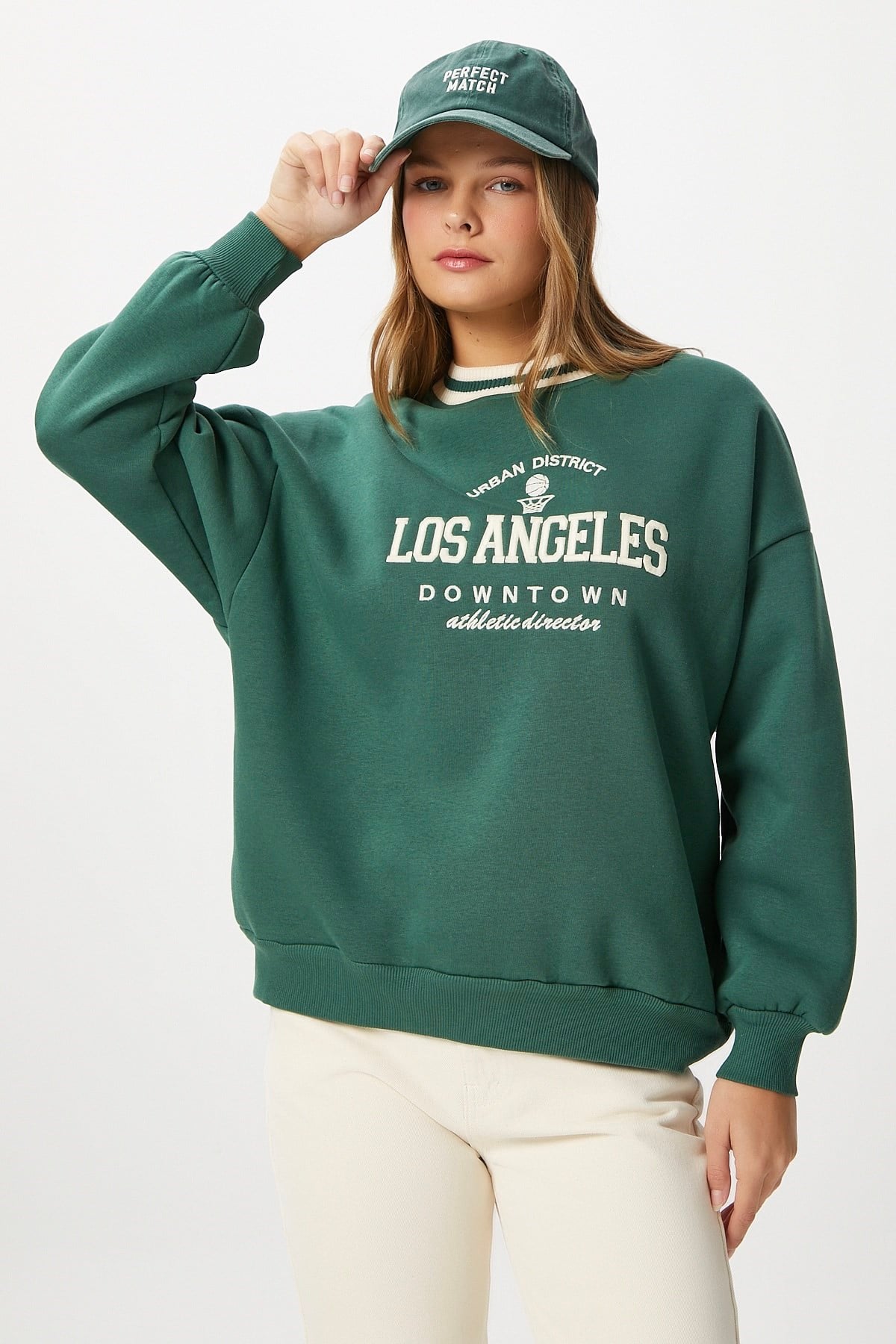 Kadın Nakışlı Los Angeles İçi Polarlı Yeşil Oversize Sweatshirt