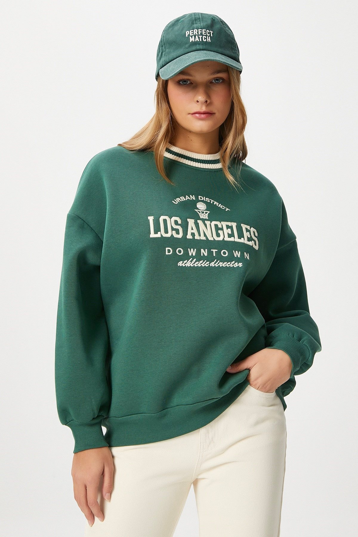Kadın Nakışlı Los Angeles İçi Polarlı Yeşil Oversize Sweatshirt