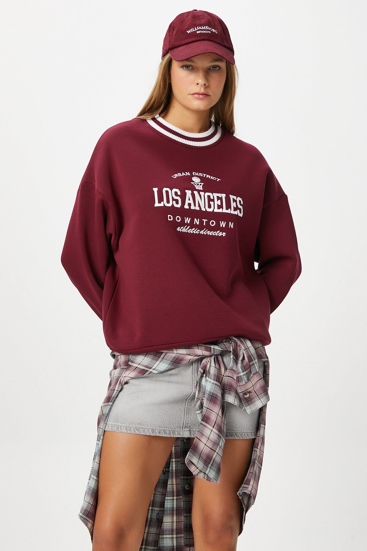 Kadın Nakışlı Los Angeles İçi Polarlı Bordo Oversize Sweatshirt