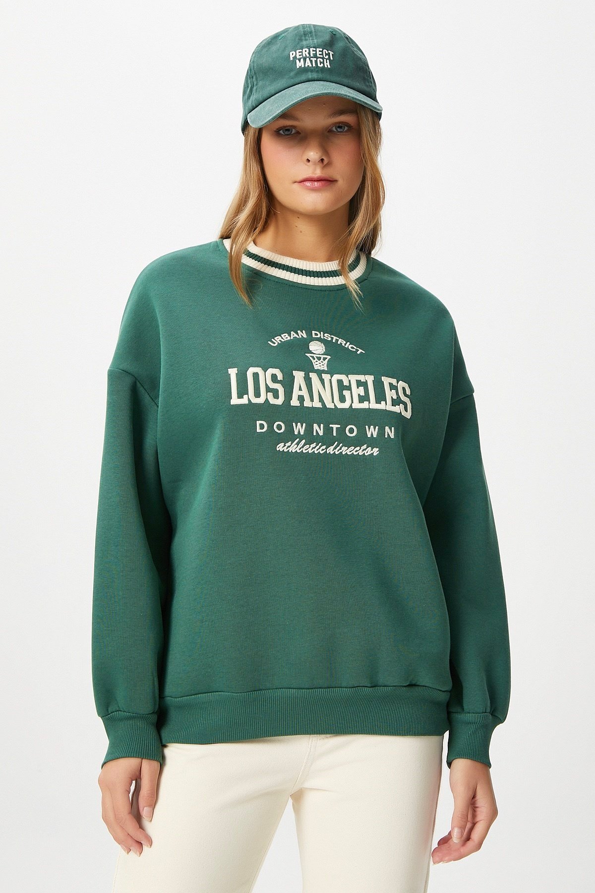 Kadın Nakışlı Los Angeles İçi Polarlı Yeşil Oversize Sweatshirt
