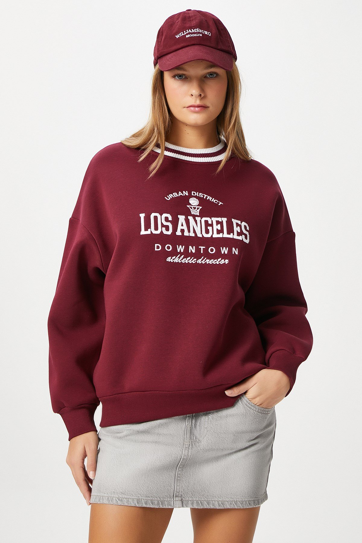 Kadın Nakışlı Los Angeles İçi Polarlı Bordo Oversize Sweatshirt