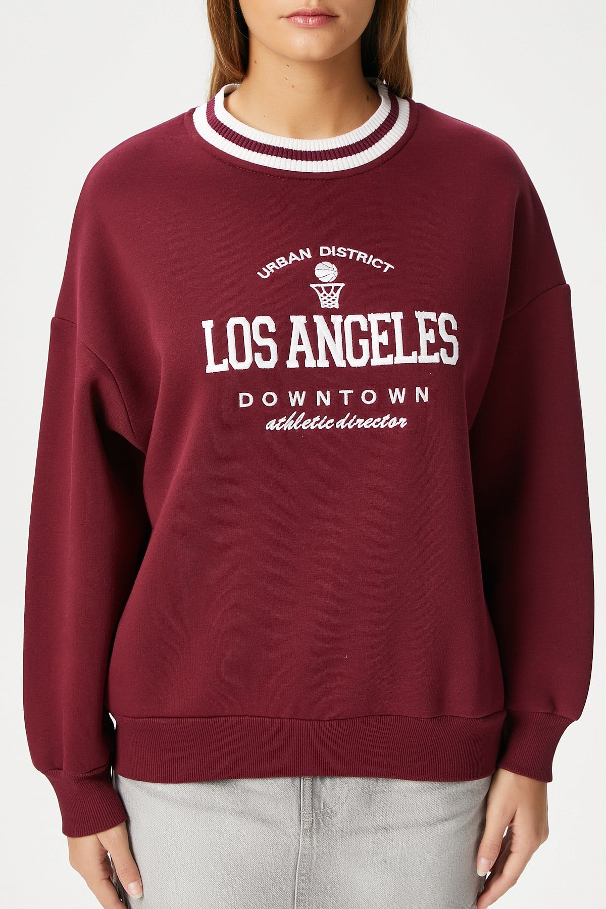 Kadın Nakışlı Los Angeles İçi Polarlı Bordo Oversize Sweatshirt