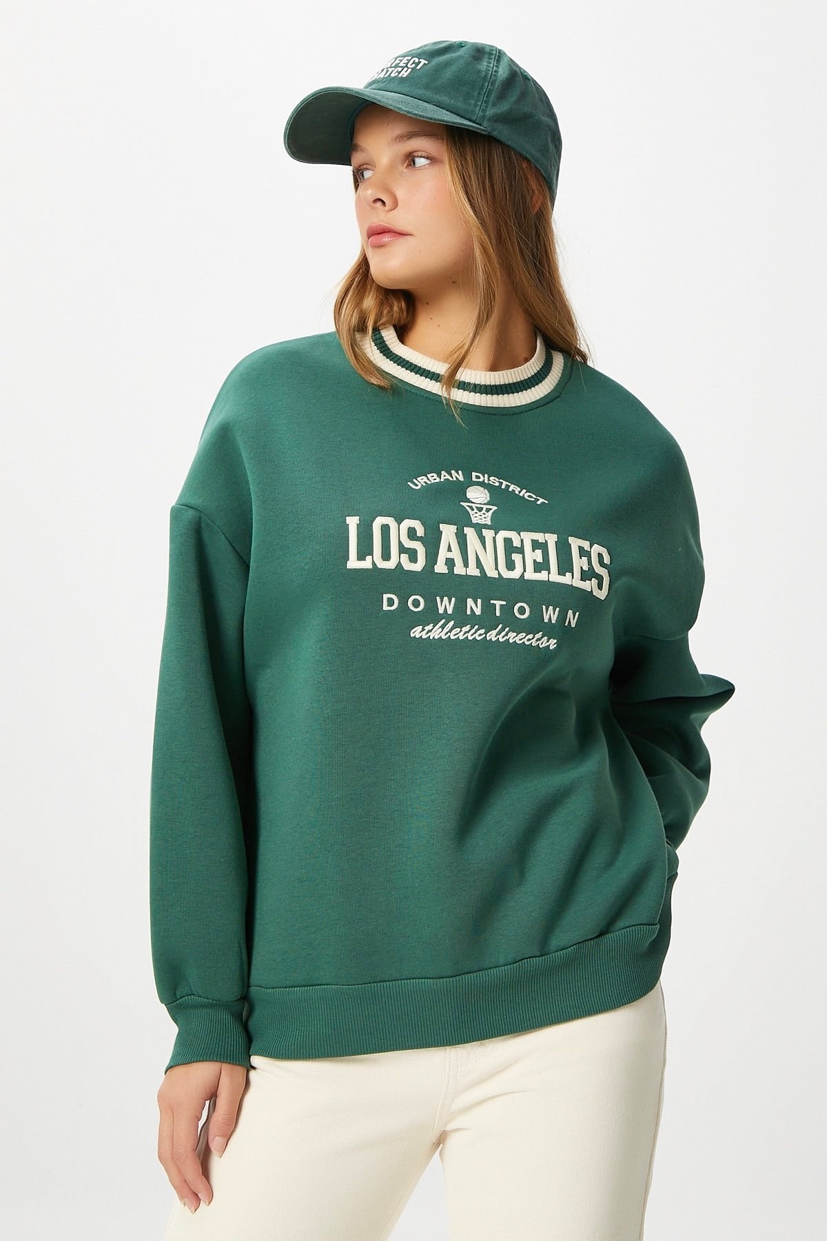 Kadın Nakışlı Los Angeles İçi Polarlı Yeşil Oversize Sweatshirt
